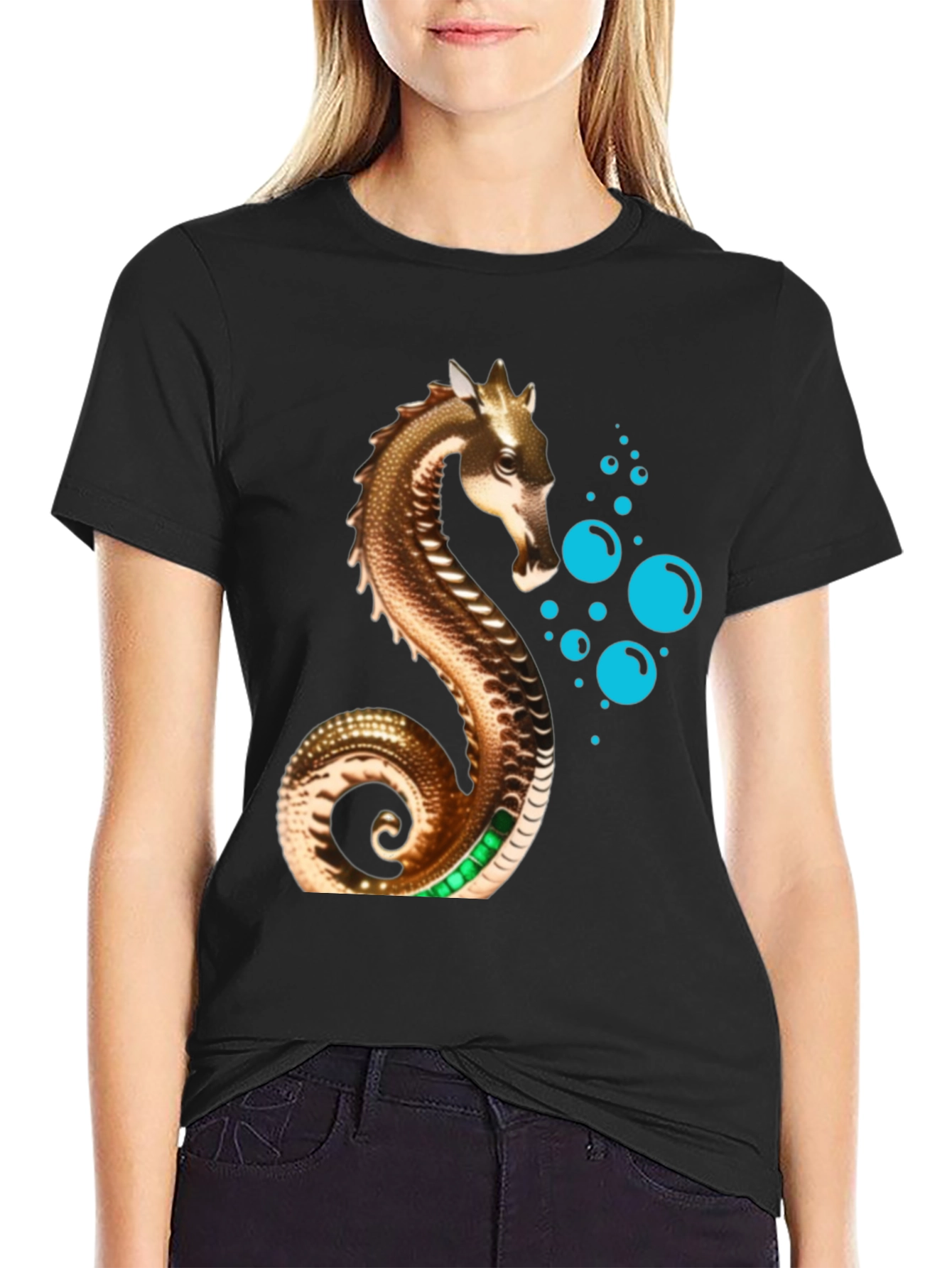 Golden Seahorse Graphic Tee - Stylish Mens Black T-Shirt