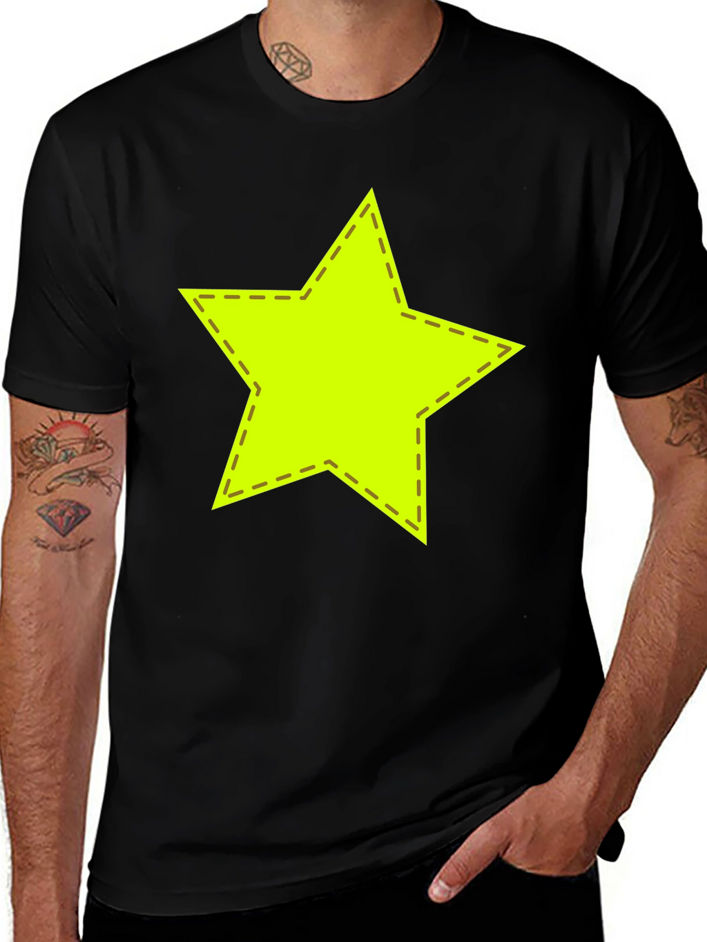 Neon Star Stitched Graphic Black T-Shirt
