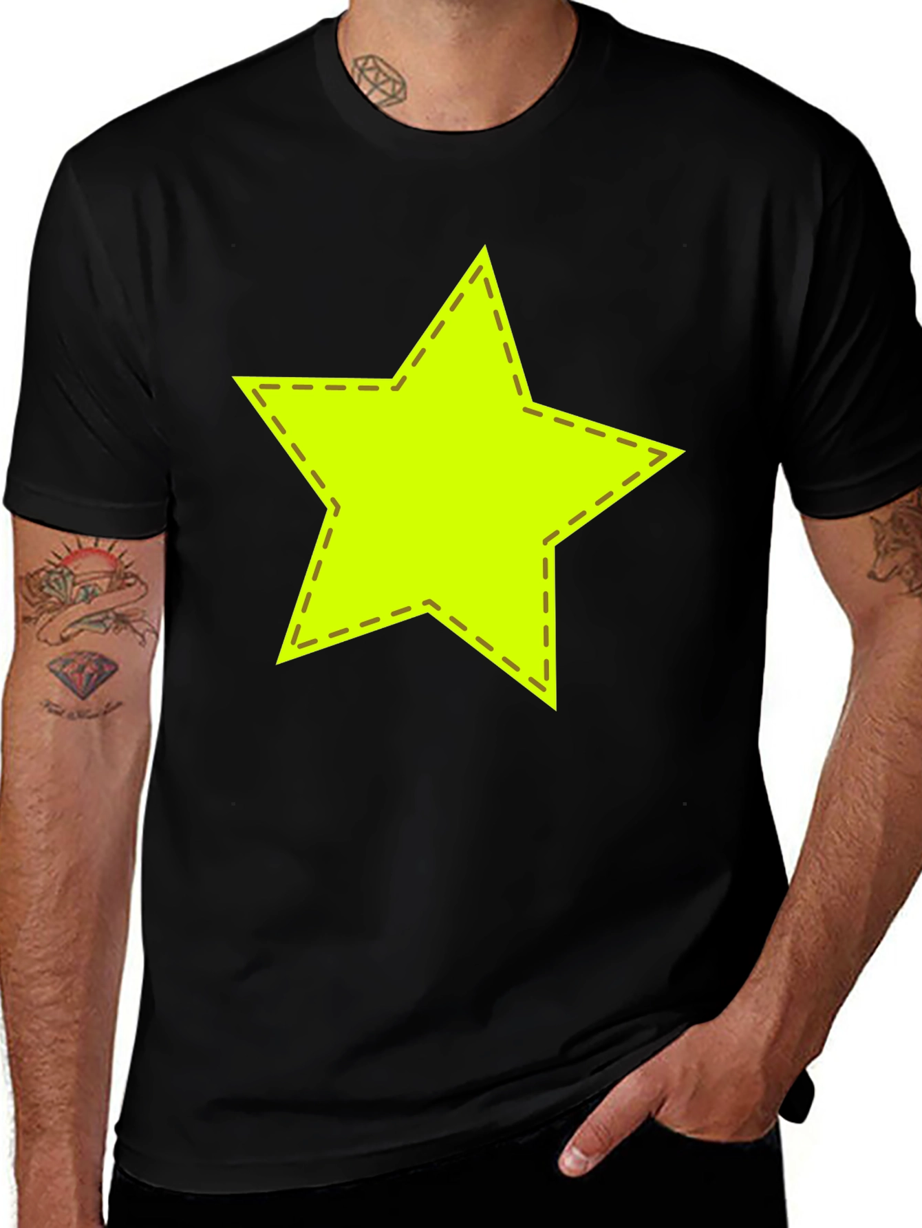 Neon Star Stitched Graphic Black T-Shirt