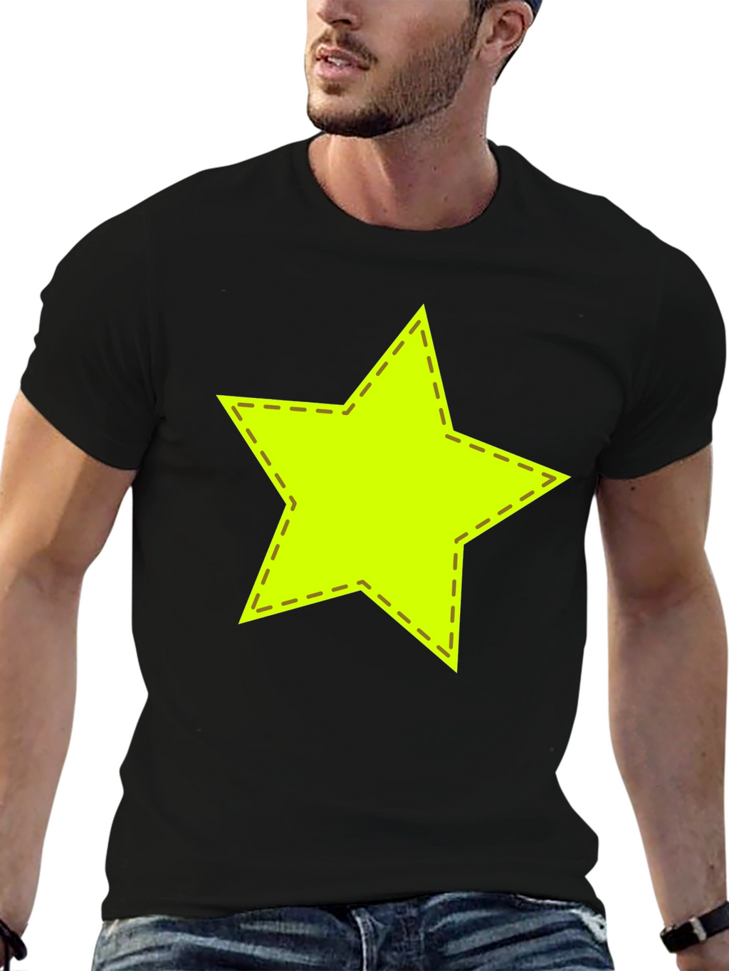 Neon Star Stitched Graphic Black T-Shirt