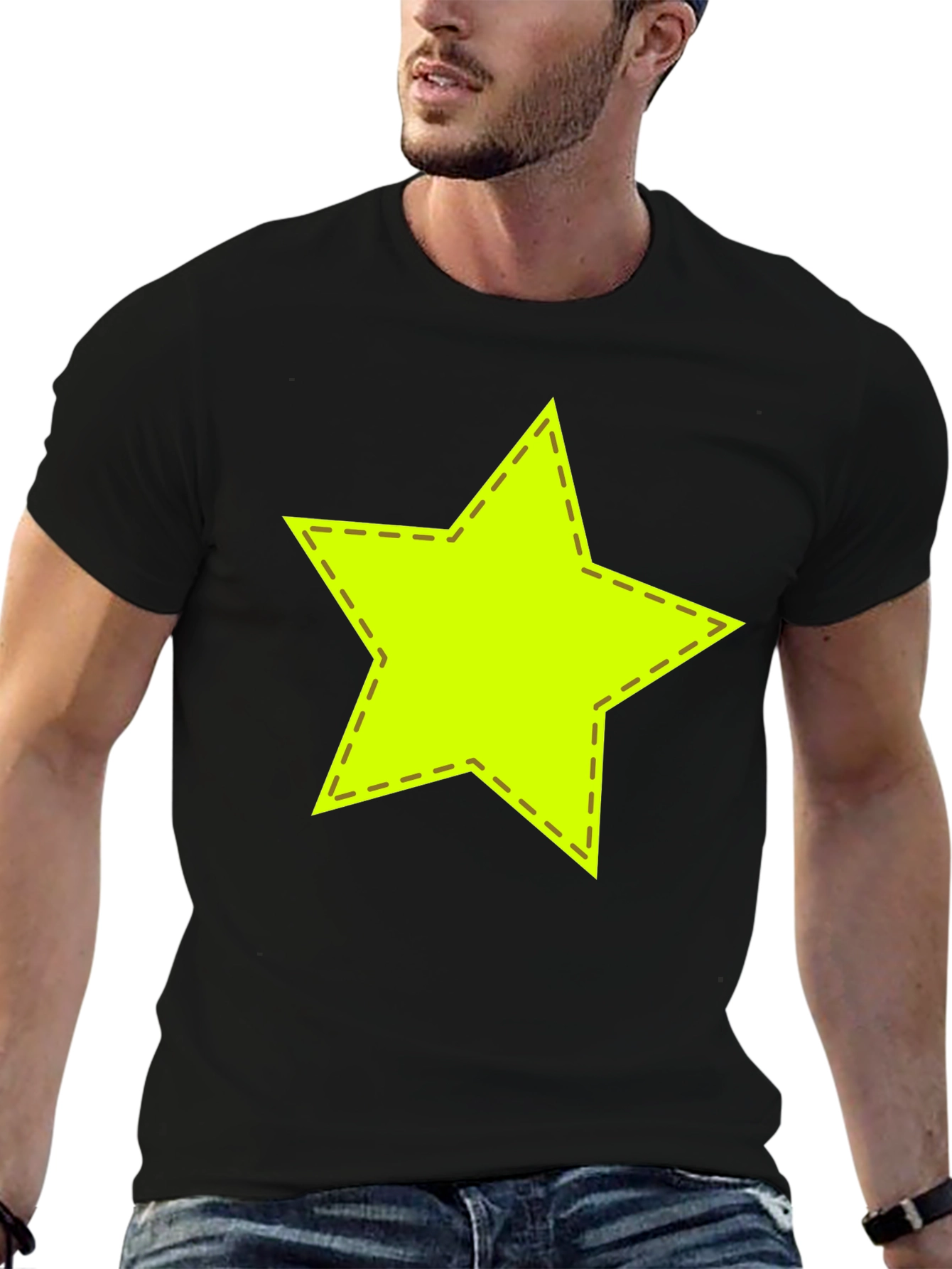 Neon Star Stitched Graphic Black T-Shirt