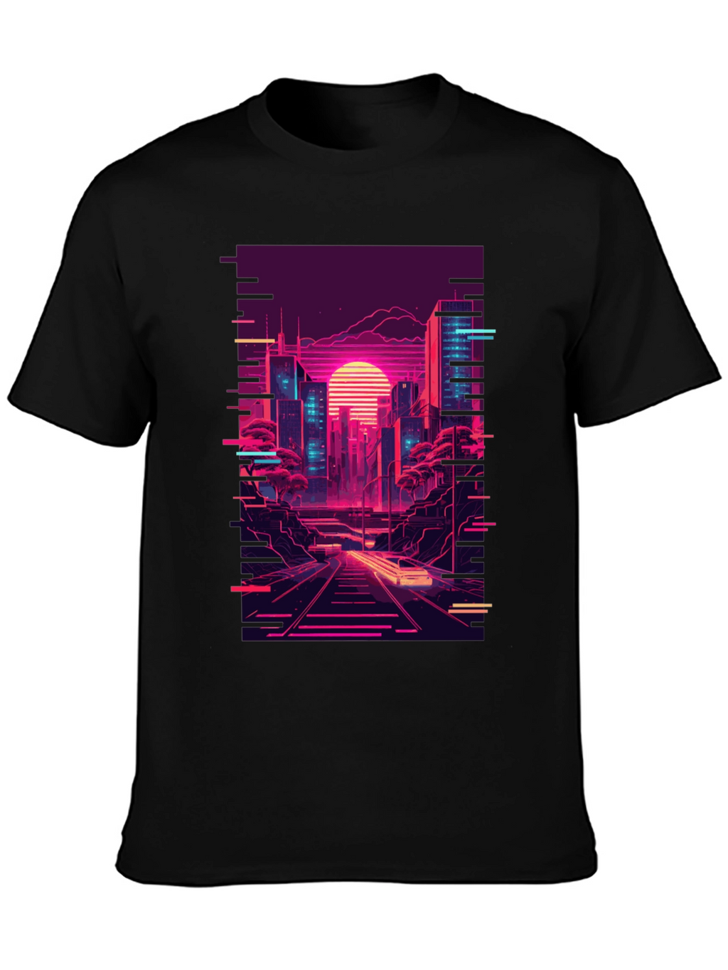 Neon Cityscape Graphic Tee - Retro Synthwave Design