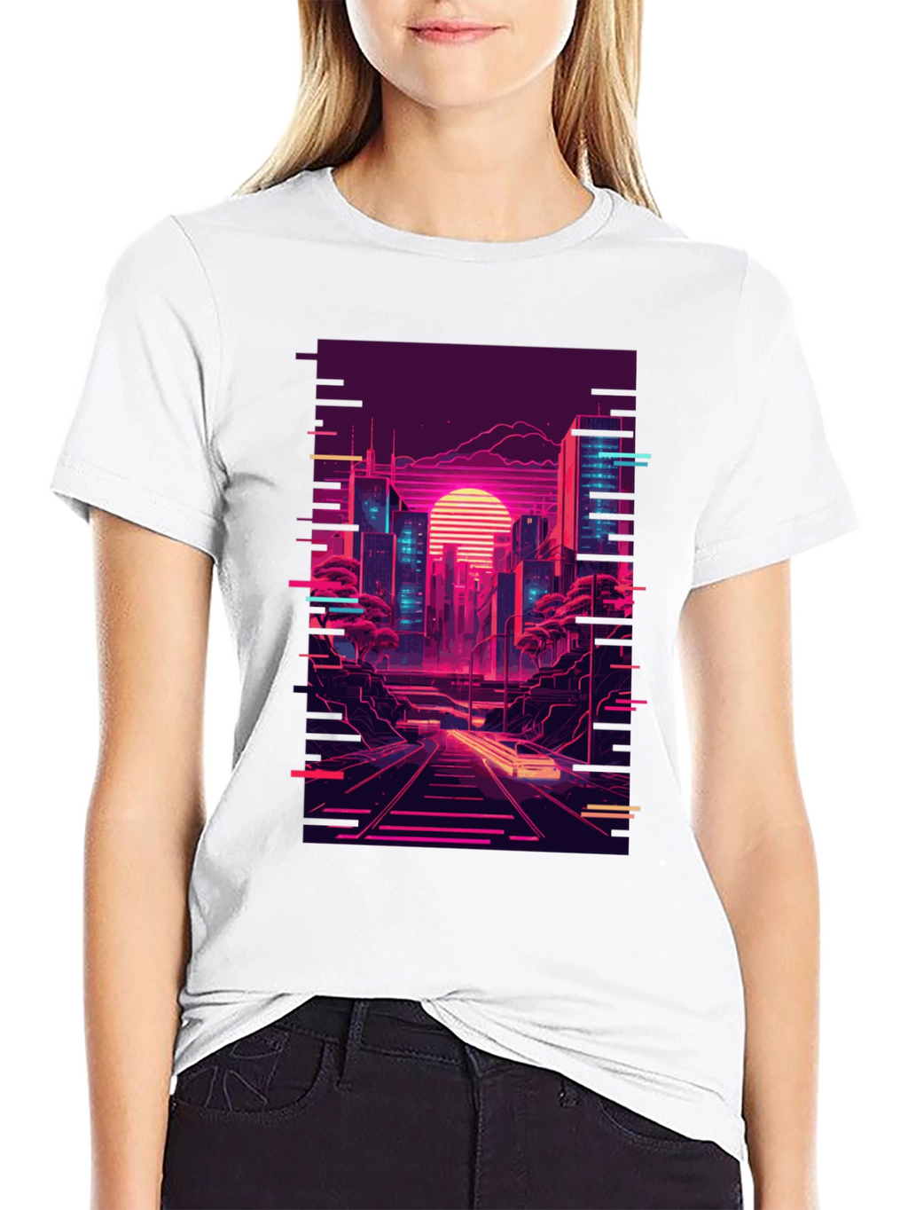 Neon Cityscape Graphic Tee - Retro Synthwave Design