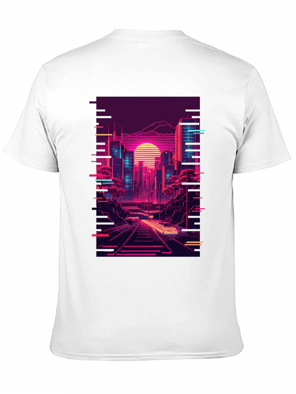 Neon Cityscape Graphic Tee - Retro Synthwave Design