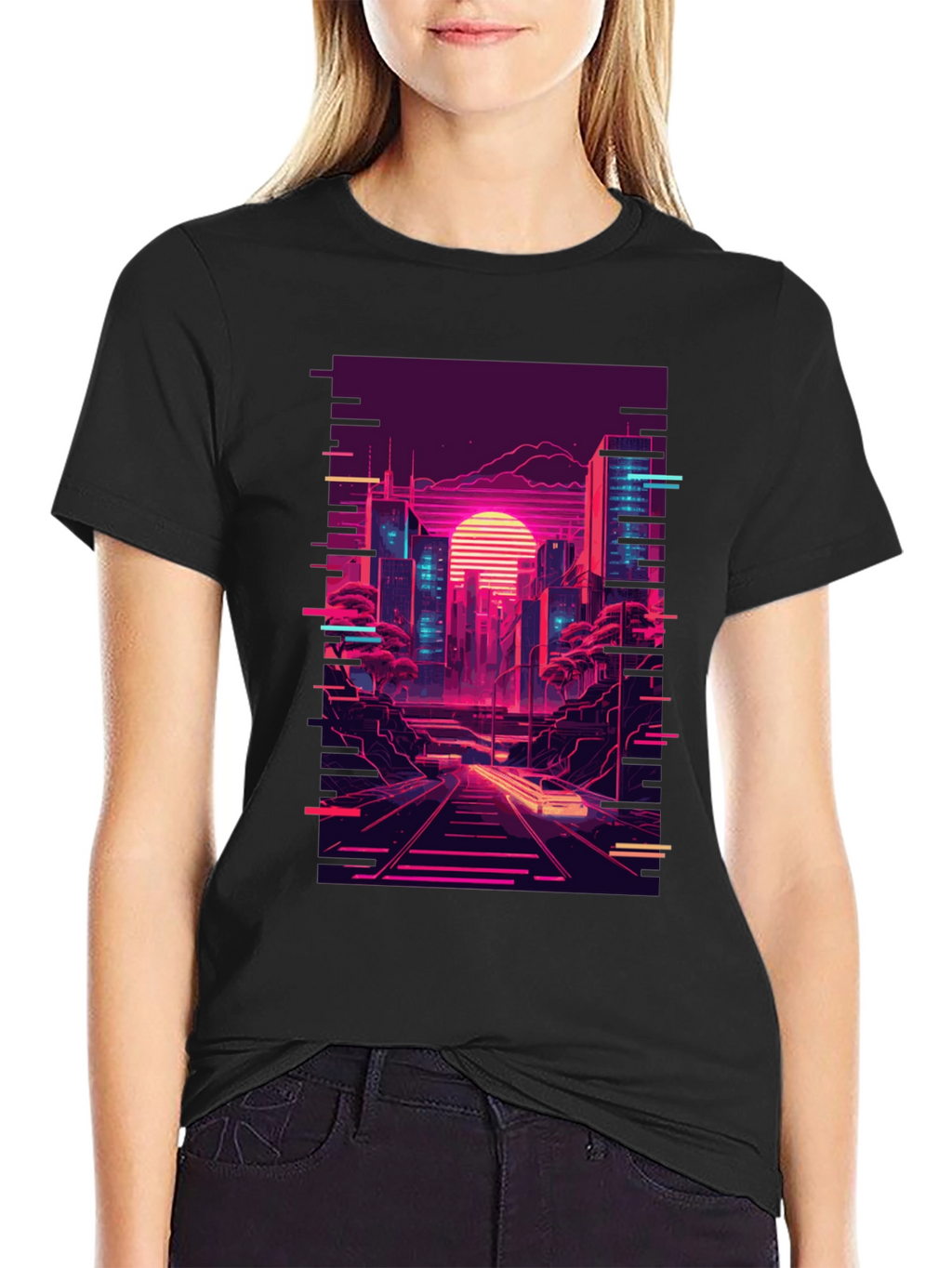 Neon Cityscape Graphic Tee - Retro Synthwave Design