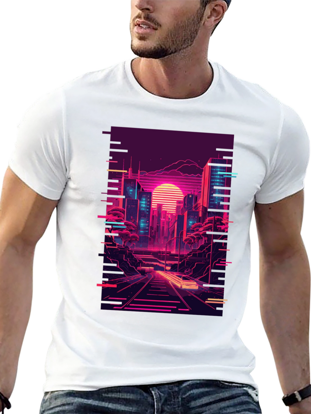 Neon Cityscape Graphic Tee - Retro Synthwave Design