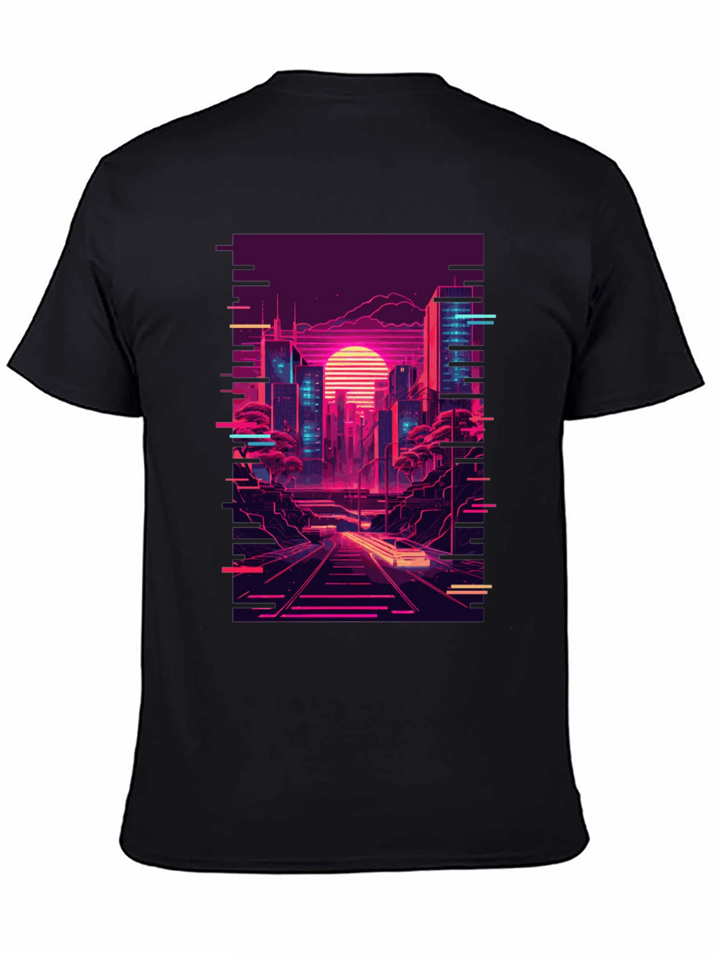 Neon Cityscape Graphic Tee - Retro Synthwave Design