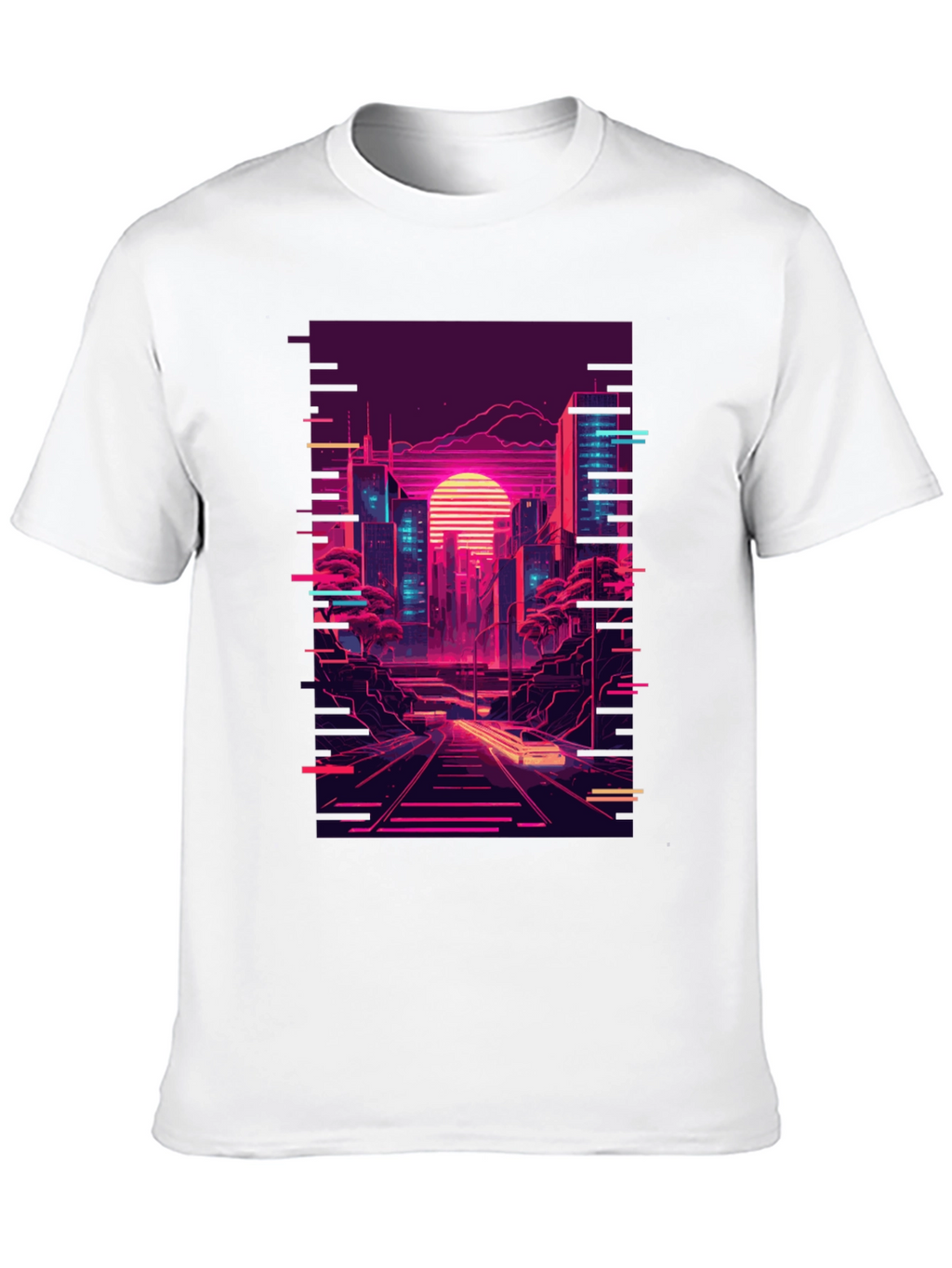 Neon Cityscape Graphic Tee - Retro Synthwave Design