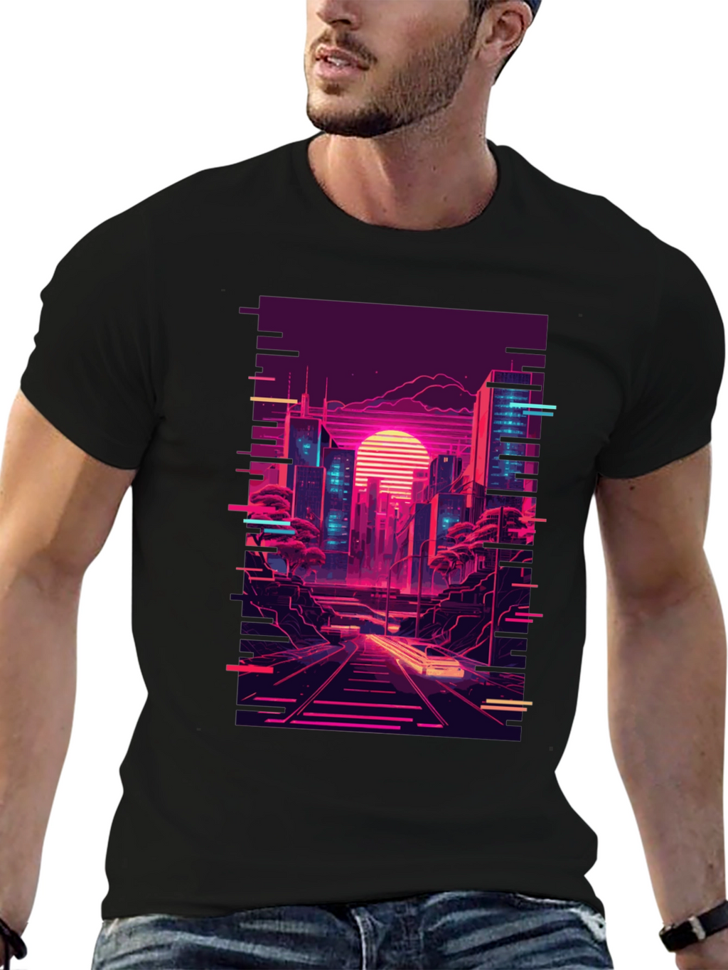 Neon Cityscape Graphic Tee - Retro Synthwave Design