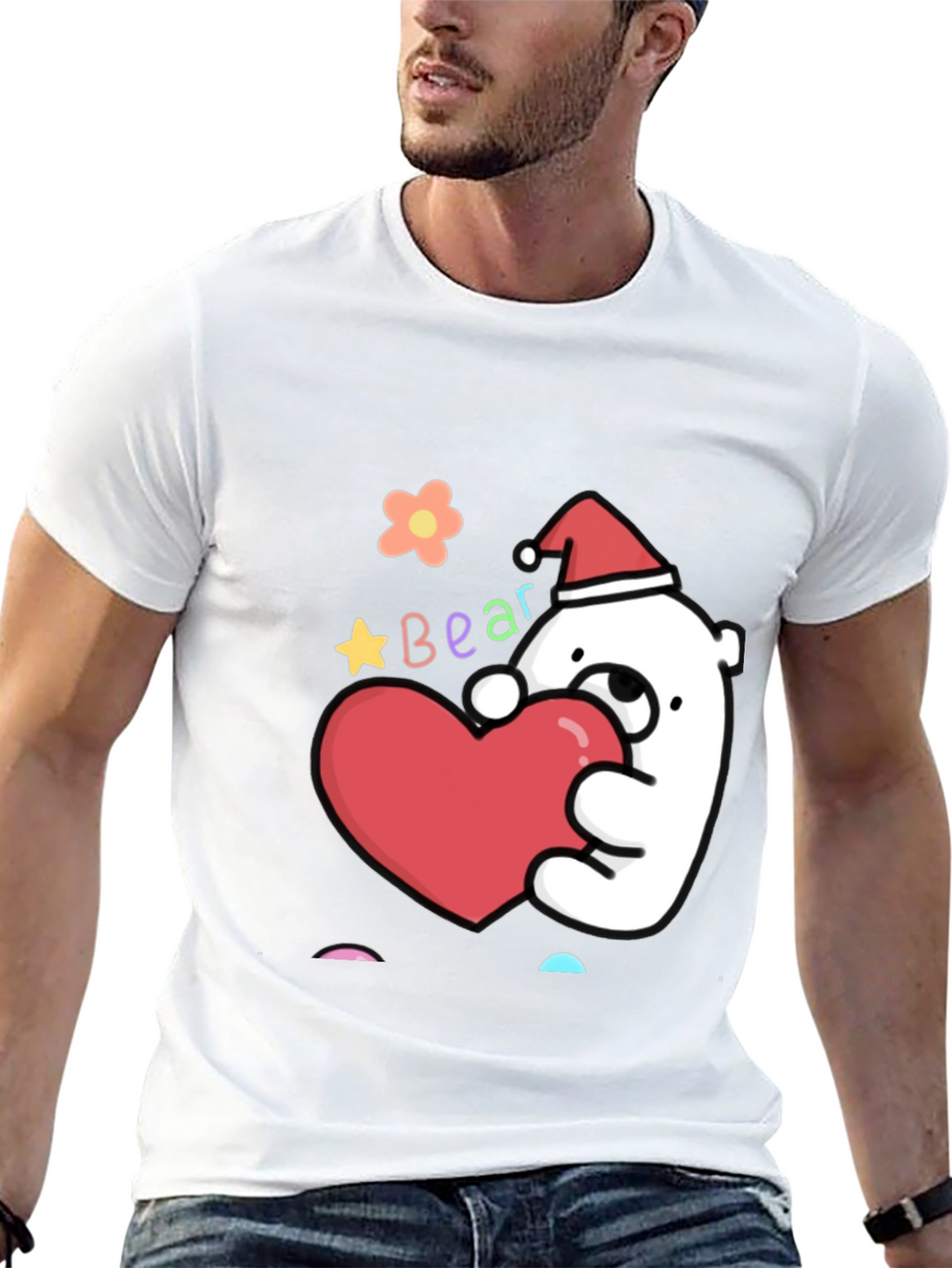 Cute Bear with Heart Graphic Tee - Black