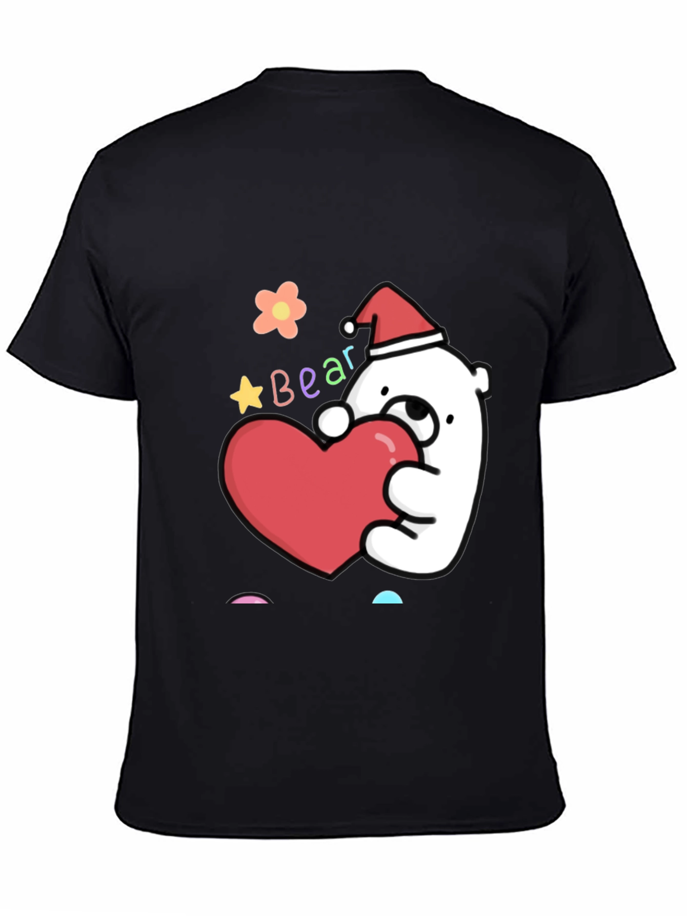 Cute Bear with Heart Graphic Tee - Black