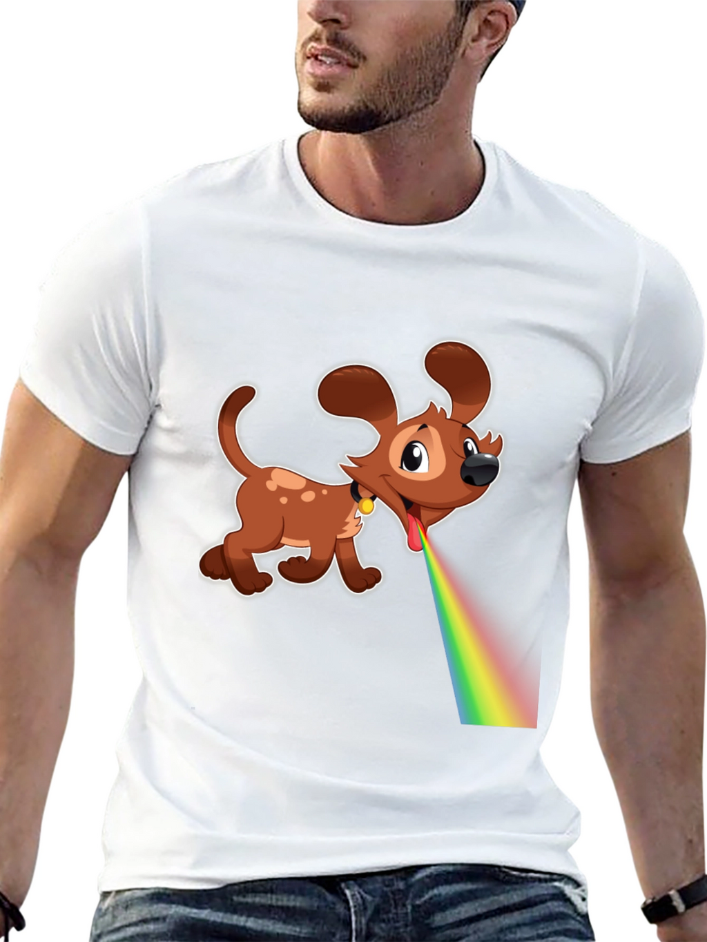 Cartoon Dog Rainbow Vomit Black T-Shirt