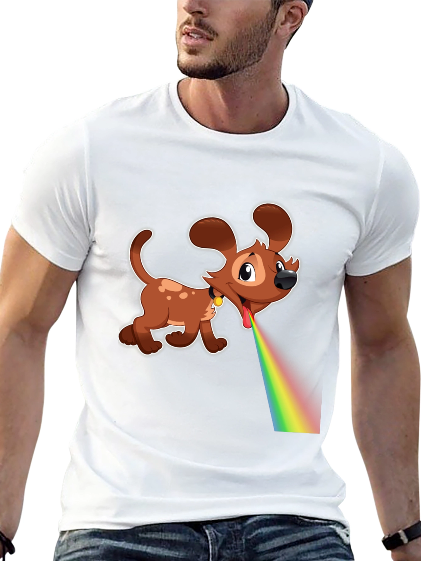Cartoon Dog Rainbow Vomit Black T-Shirt
