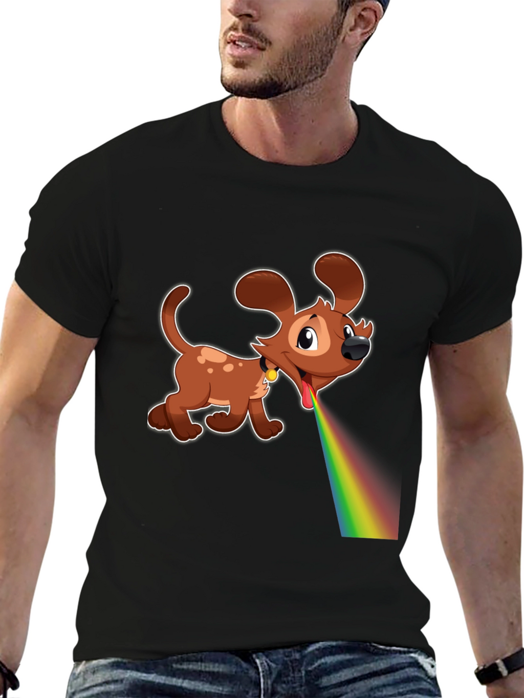 Cartoon Dog Rainbow Vomit Black T-Shirt