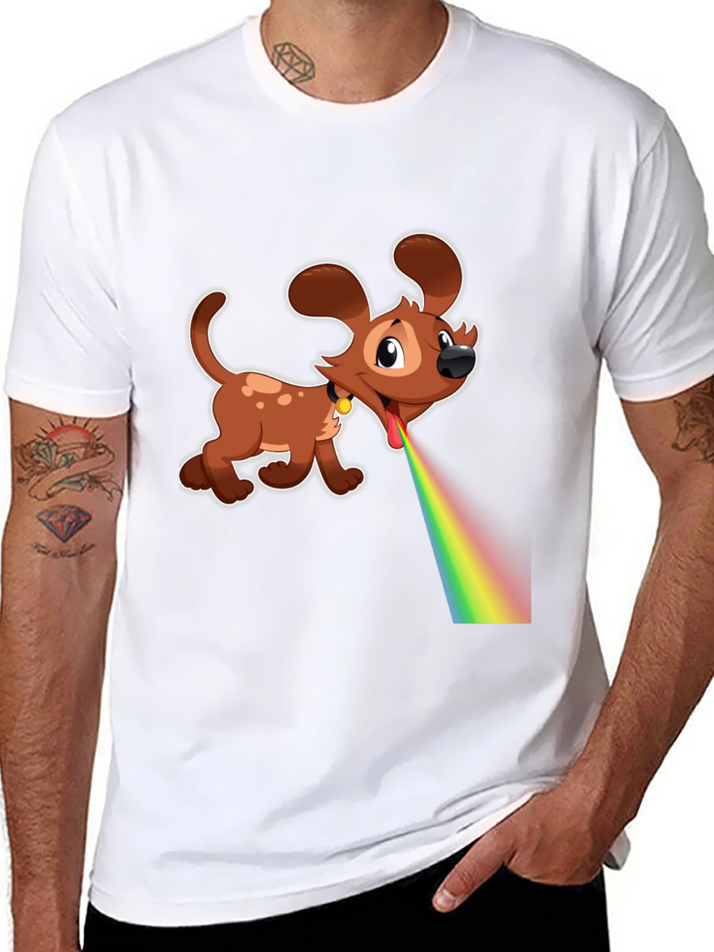 Cartoon Dog Rainbow Vomit Black T-Shirt