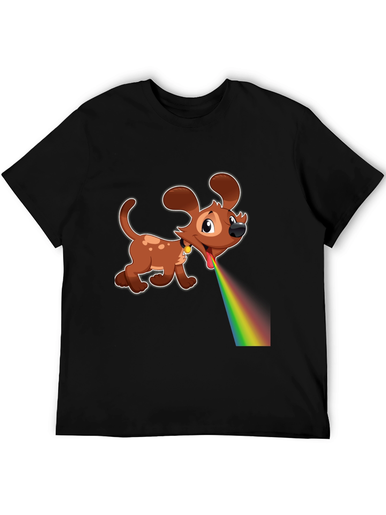 Cartoon Dog Rainbow Vomit Black T-Shirt