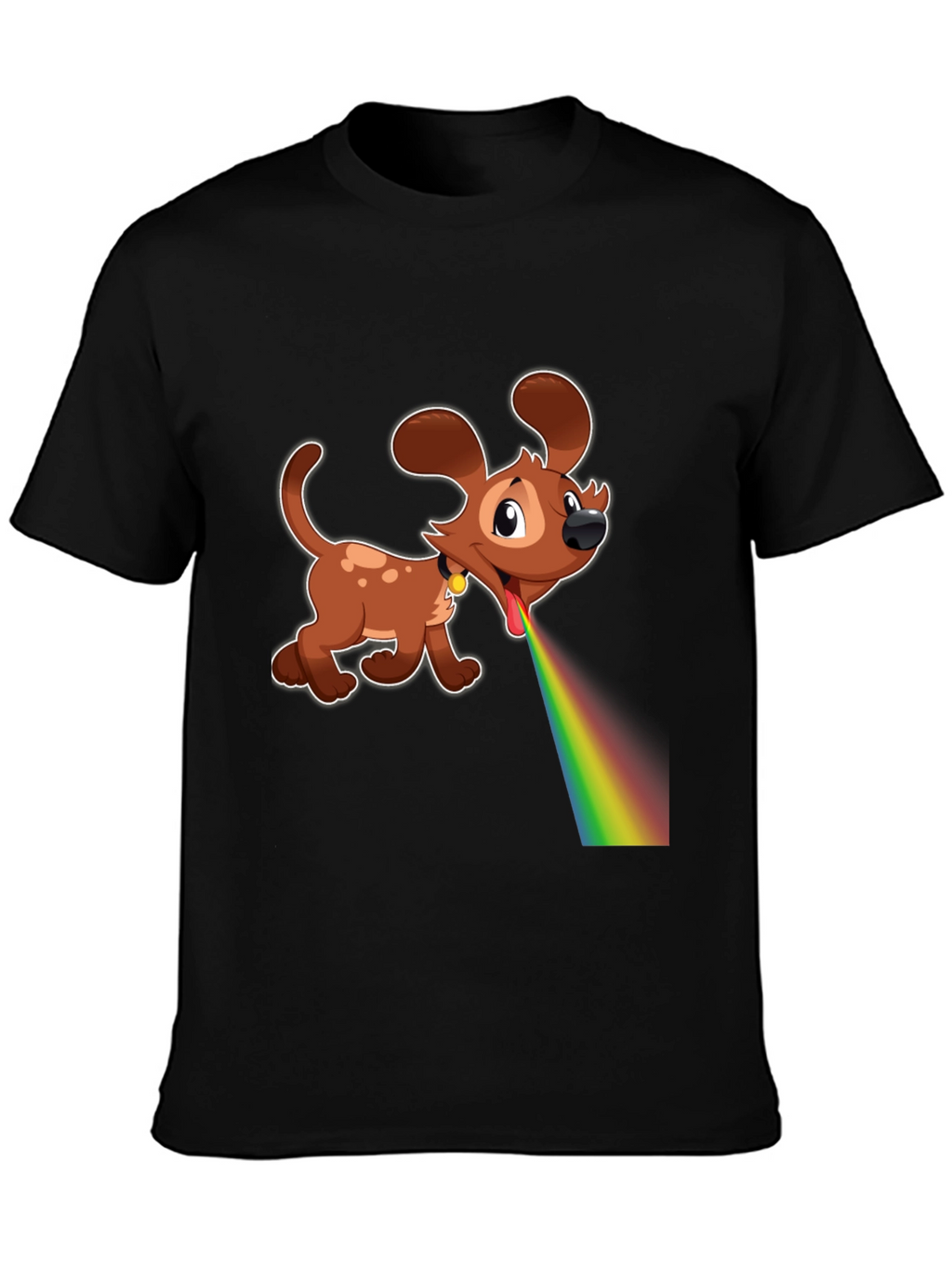 Cartoon Dog Rainbow Vomit Black T-Shirt