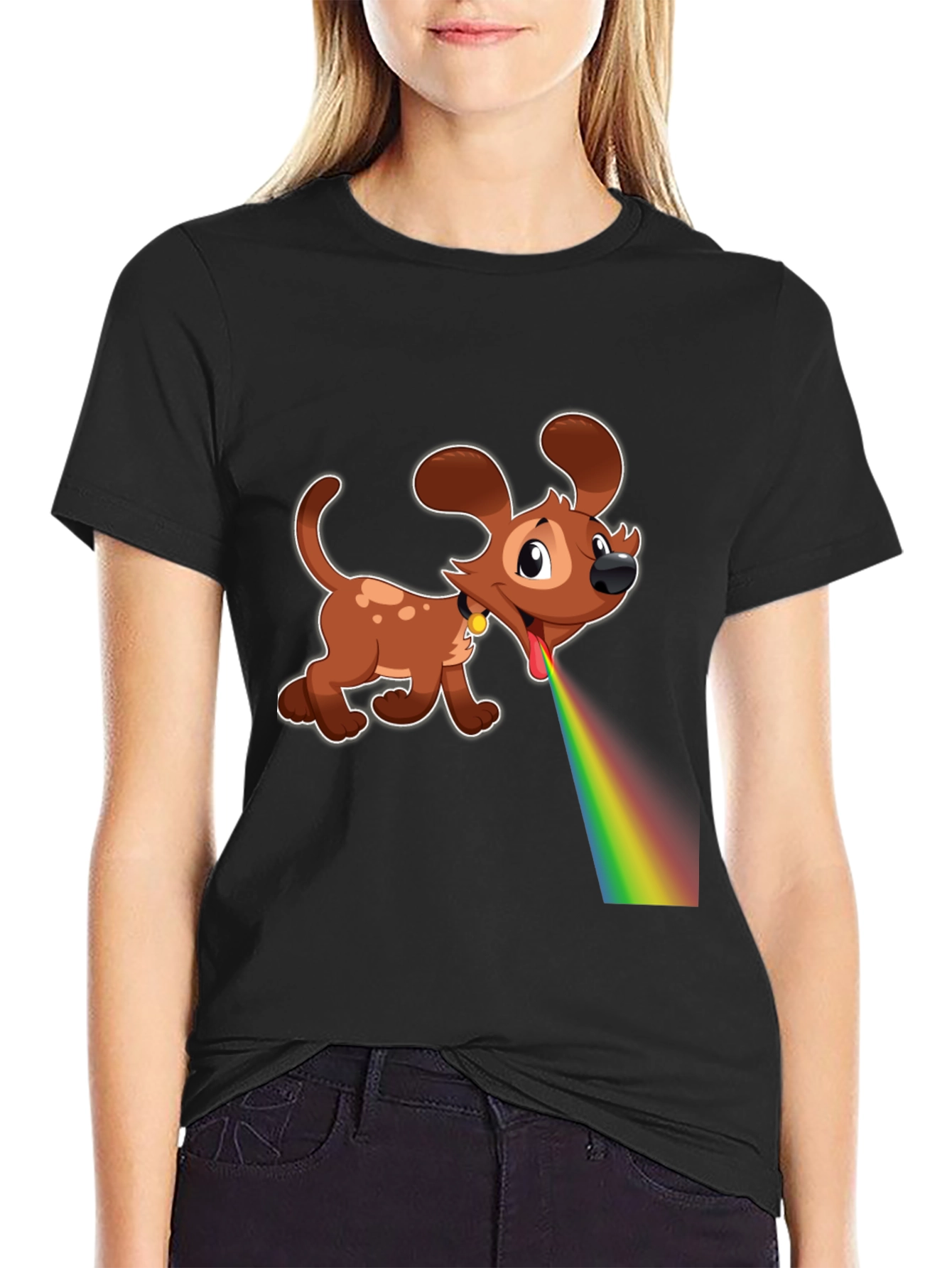 Cartoon Dog Rainbow Vomit Black T-Shirt
