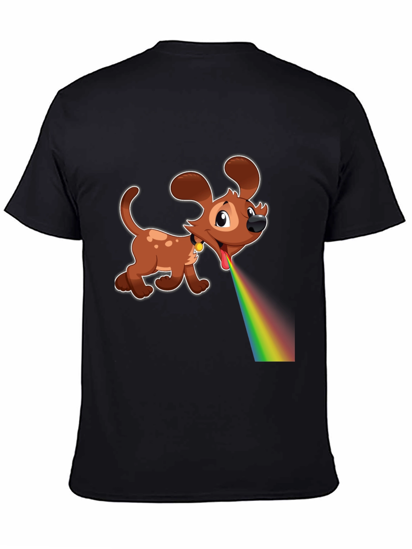 Cartoon Dog Rainbow Vomit Black T-Shirt