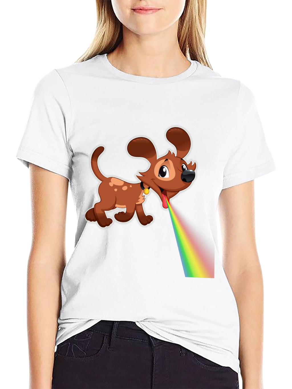 Cartoon Dog Rainbow Vomit Black T-Shirt