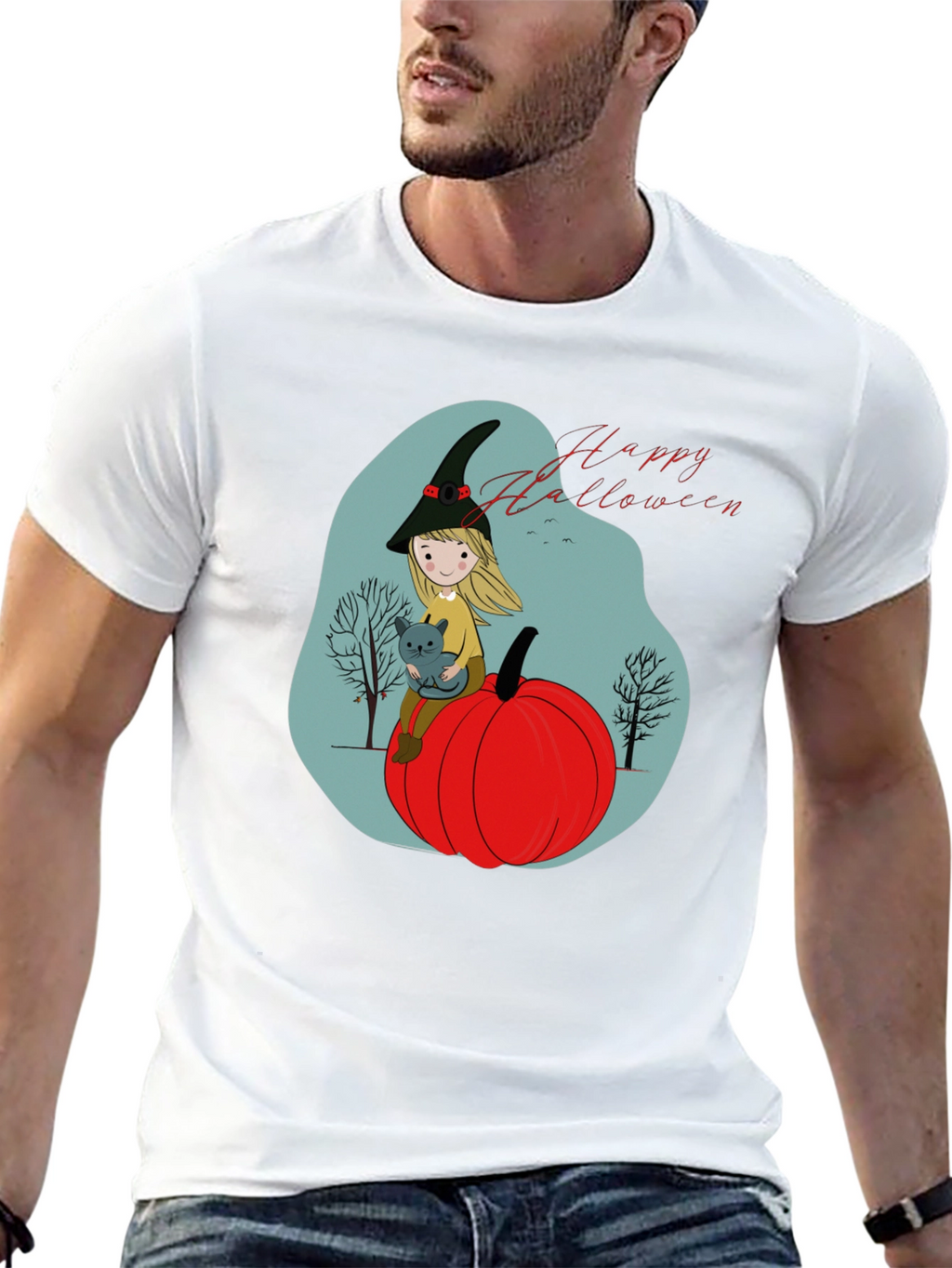 Halloween Witch & Cat Graphic T-Shirt