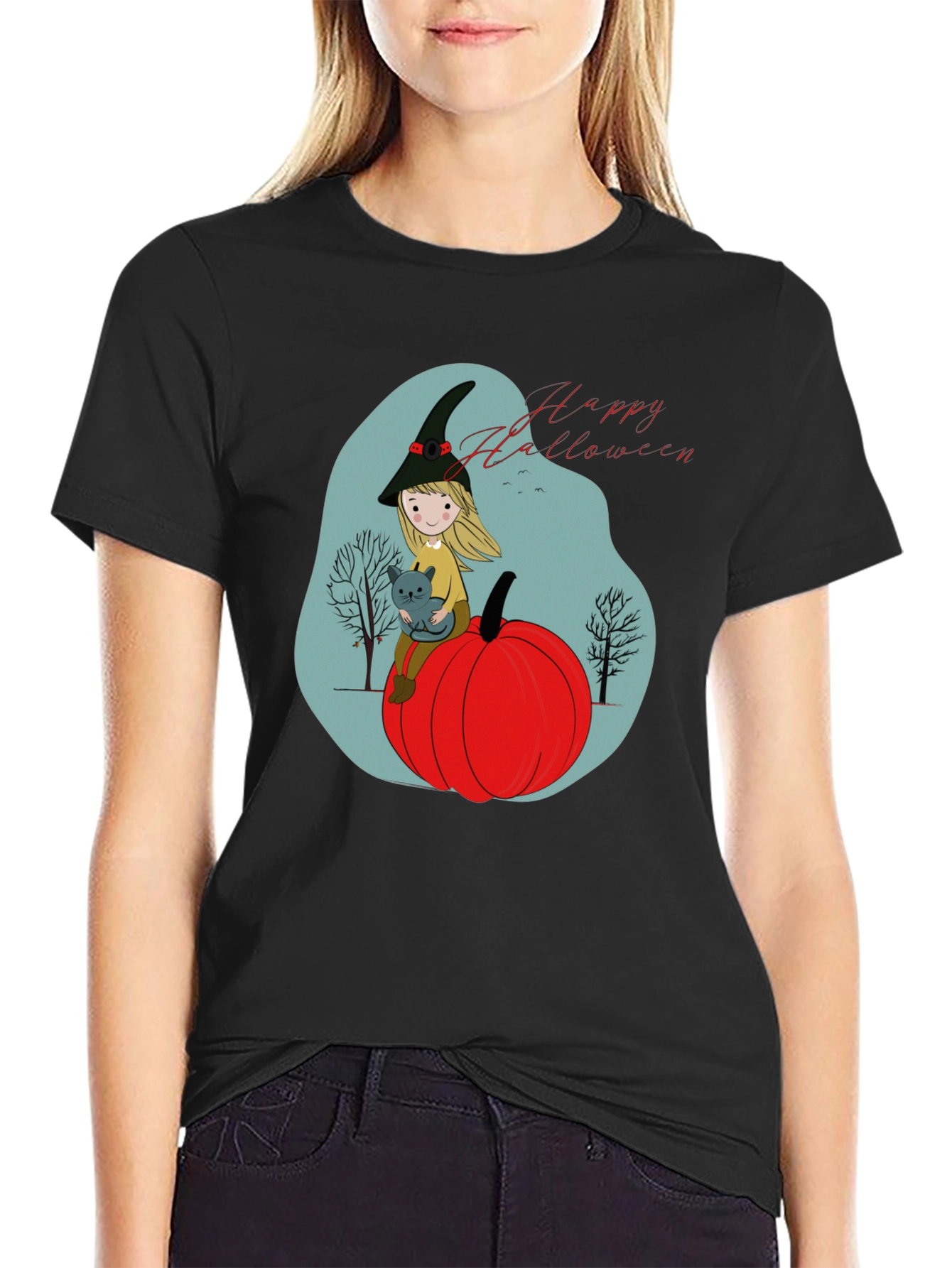 Halloween Witch & Cat Graphic T-Shirt