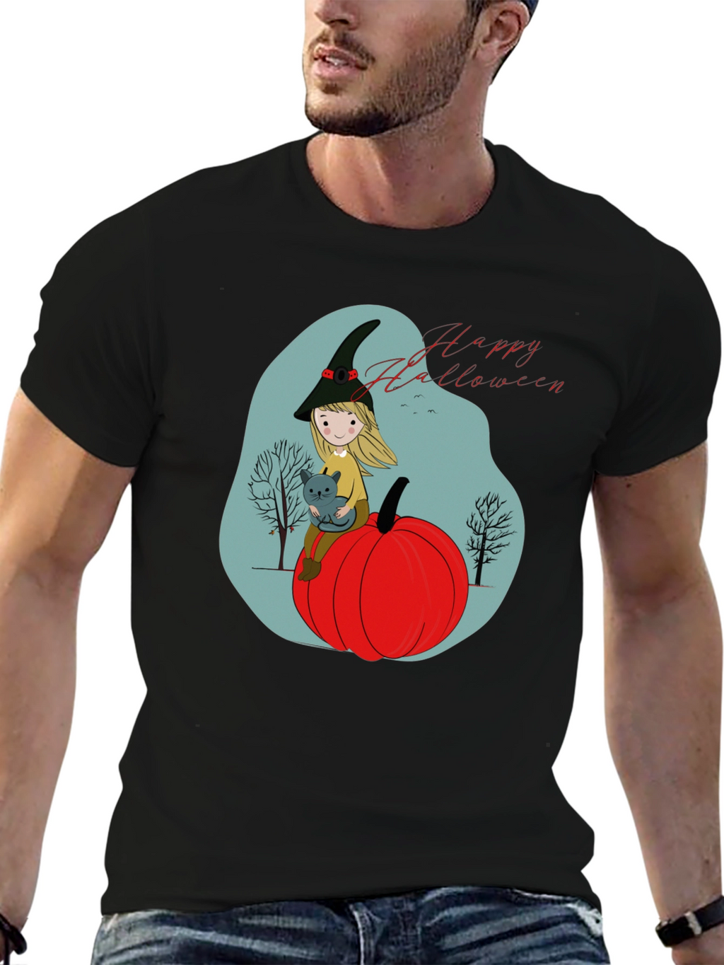 Halloween Witch & Cat Graphic T-Shirt