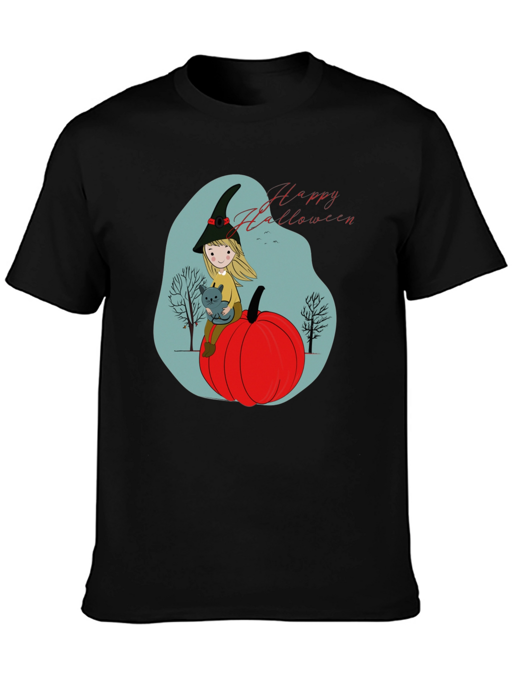 Halloween Witch & Cat Graphic T-Shirt