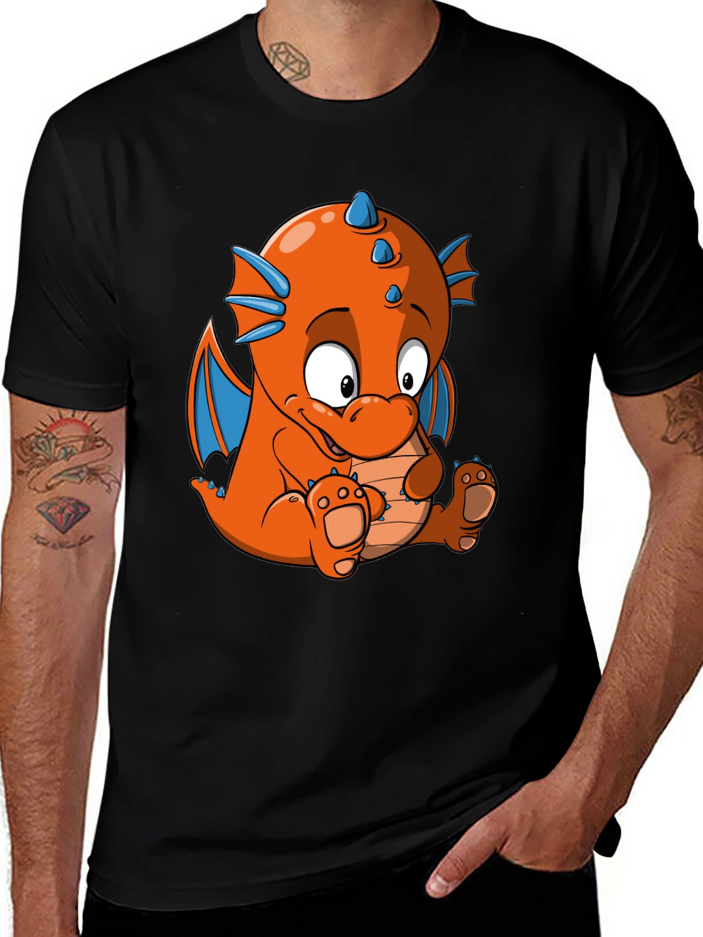 Cartoon Dragon Graphic Tee - Black