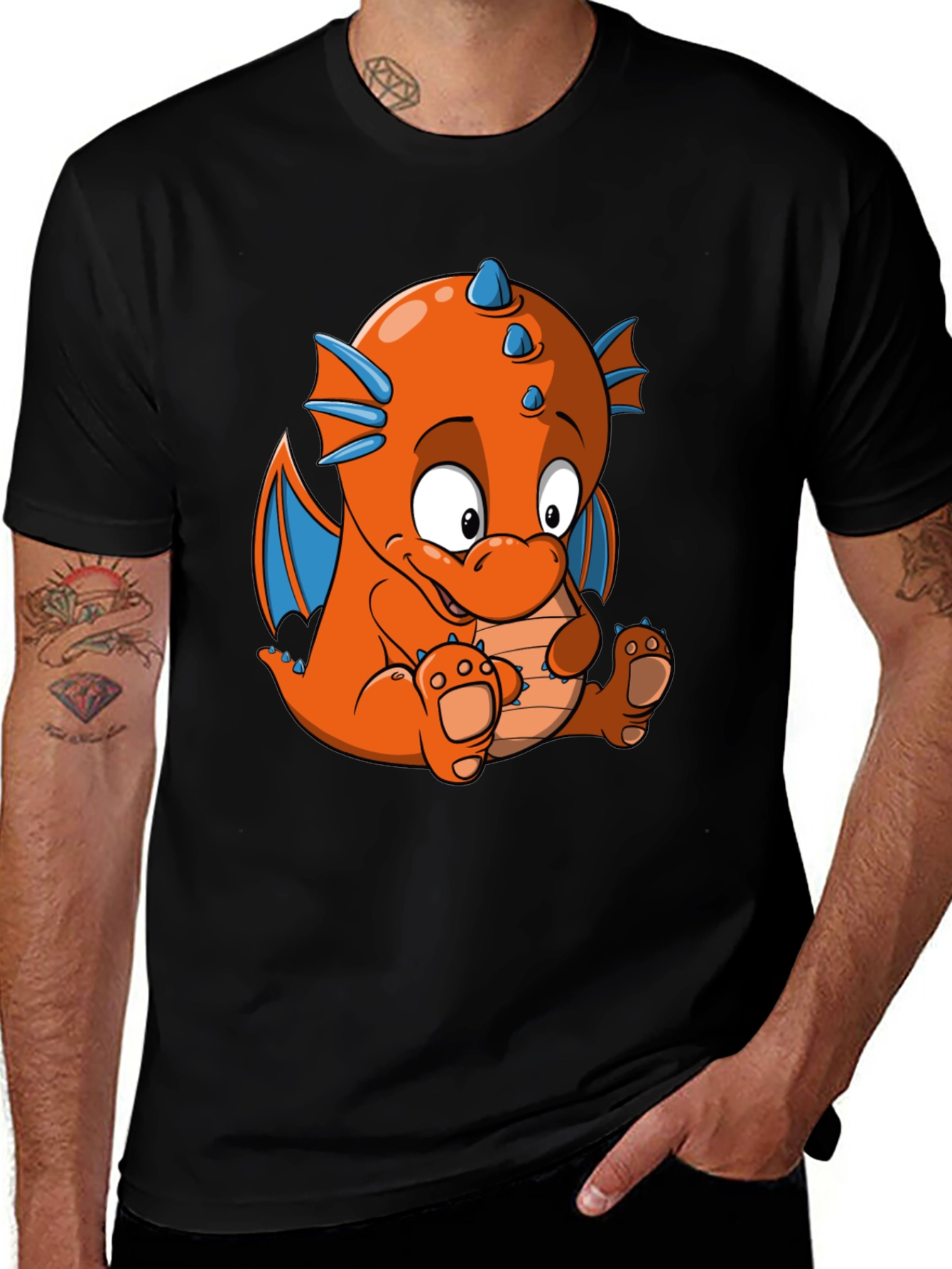 Cartoon Dragon Graphic Tee - Black