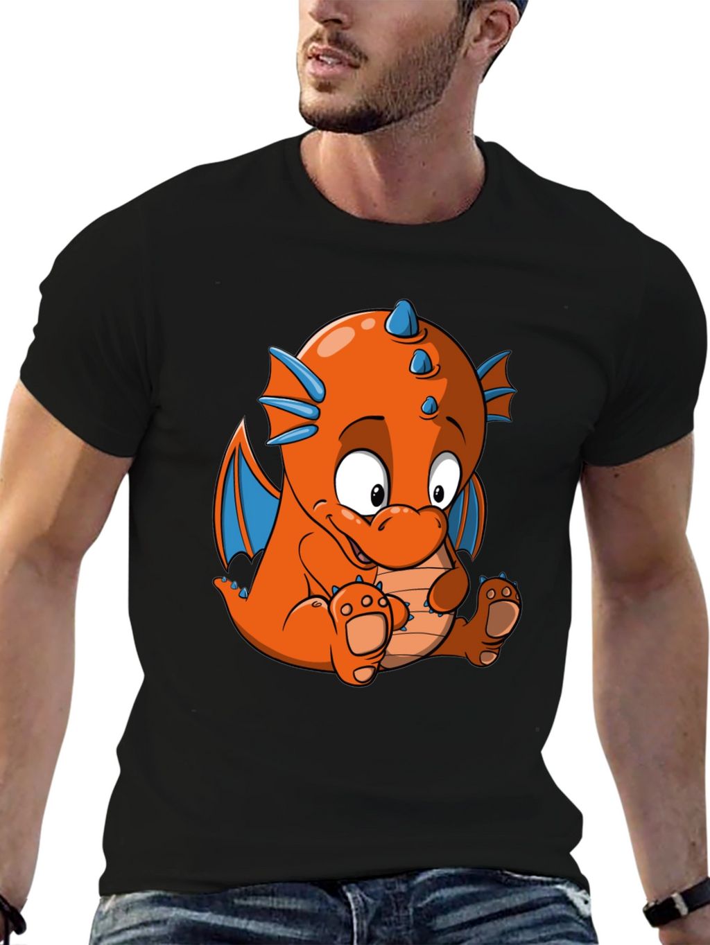 Cartoon Dragon Graphic Tee - Black
