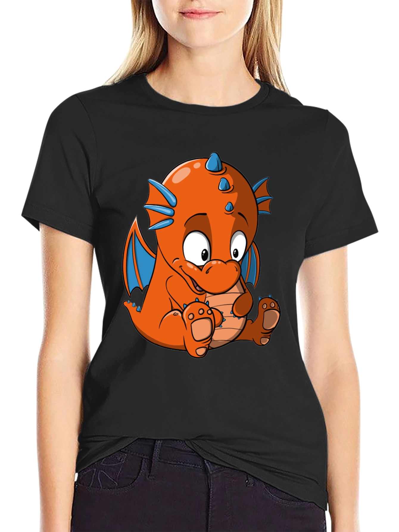 Cartoon Dragon Graphic Tee - Black