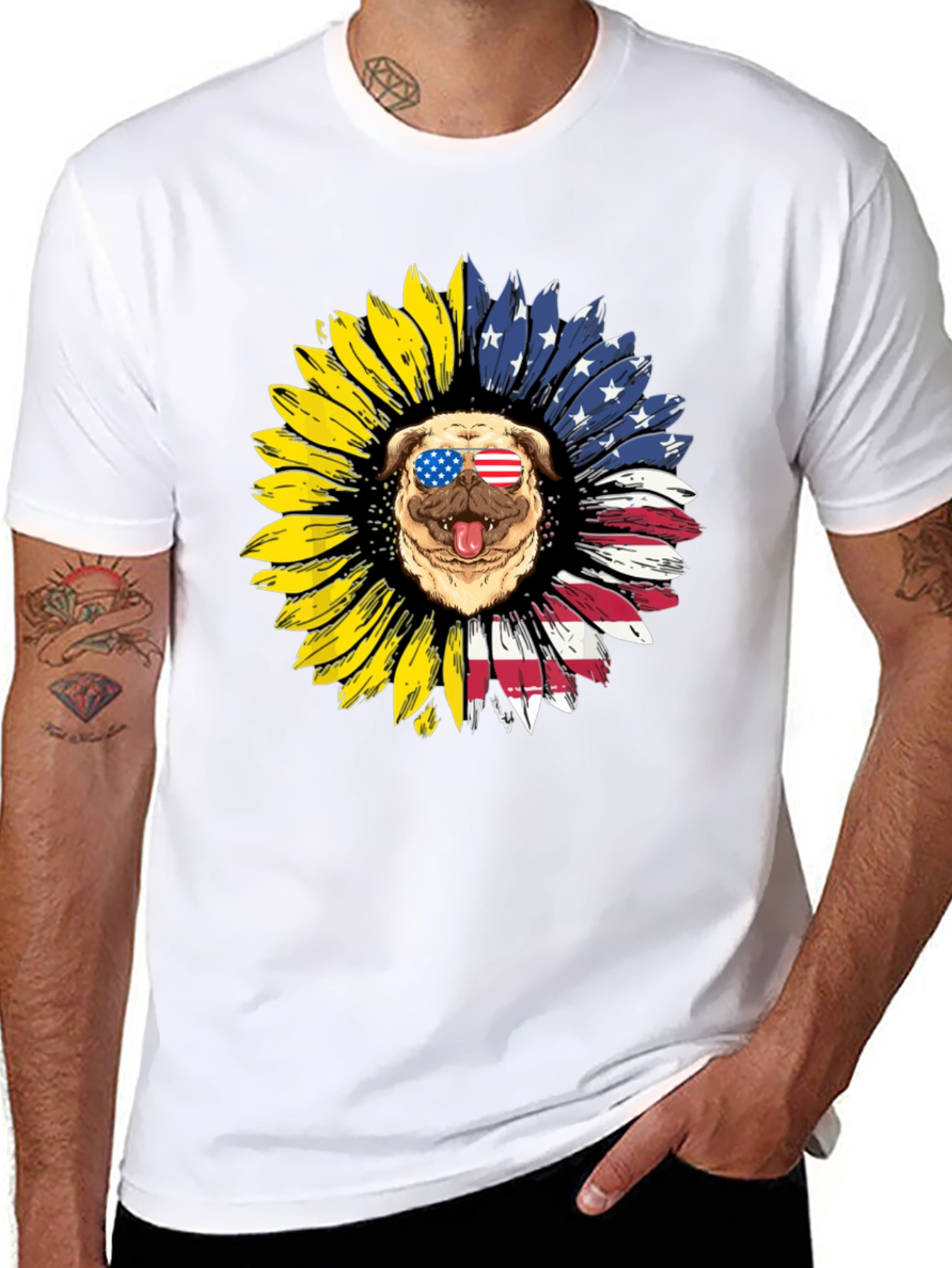 Patriotic Pug Sunflower Graphic Tee