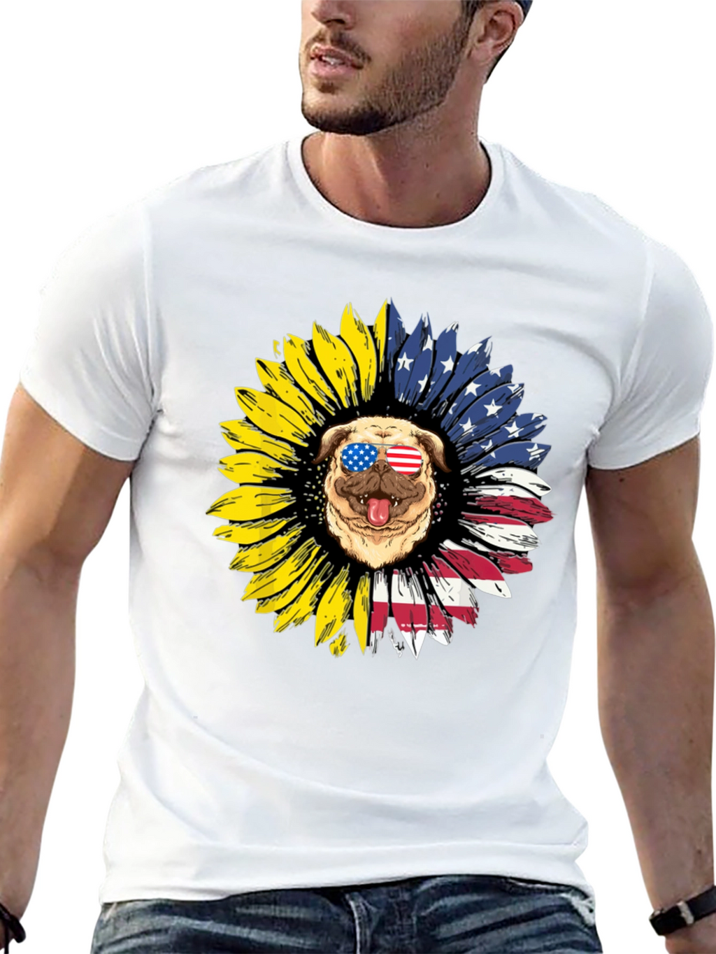 Patriotic Pug Sunflower Graphic Tee