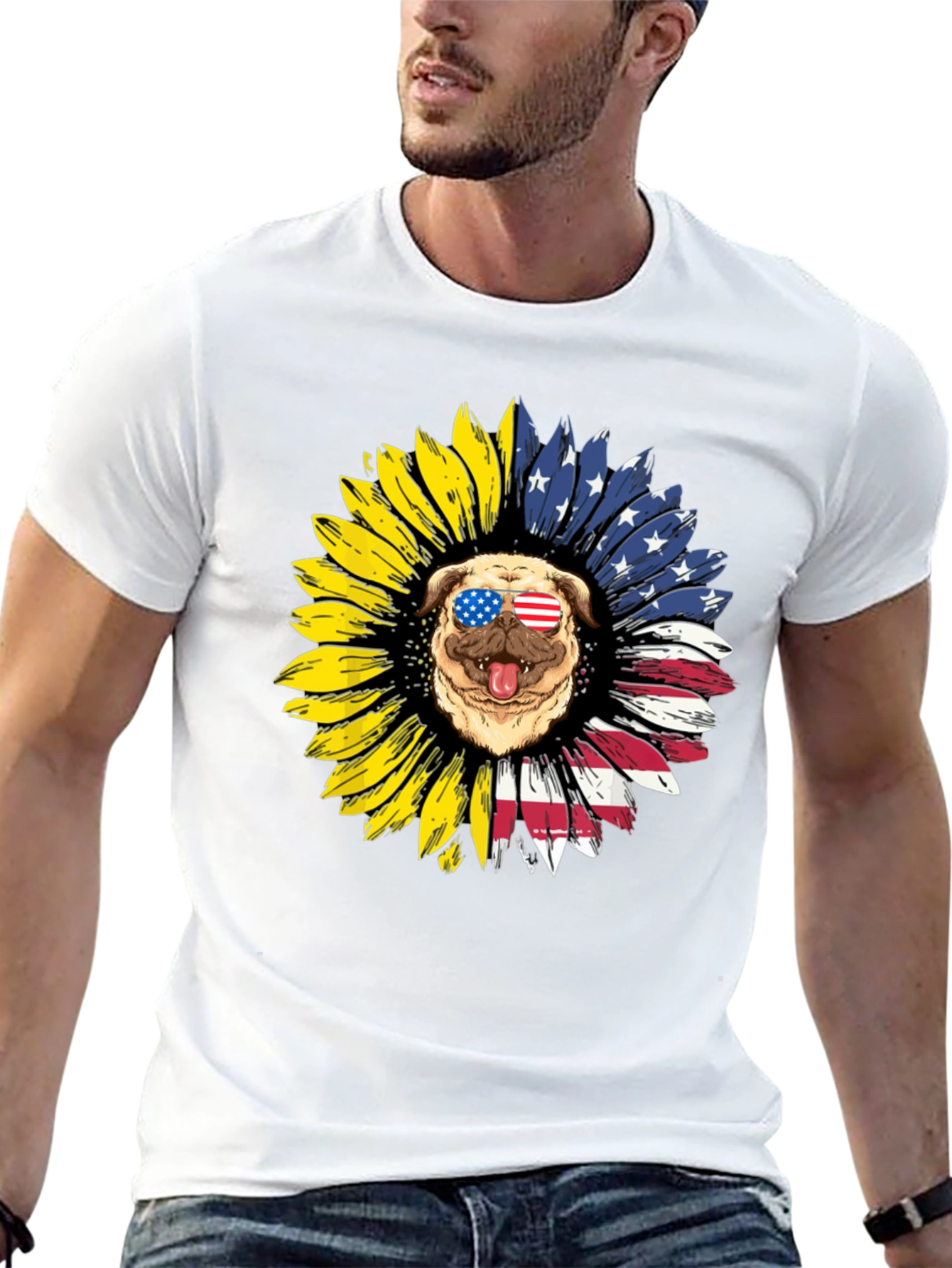 Patriotic Pug Sunflower Graphic Tee