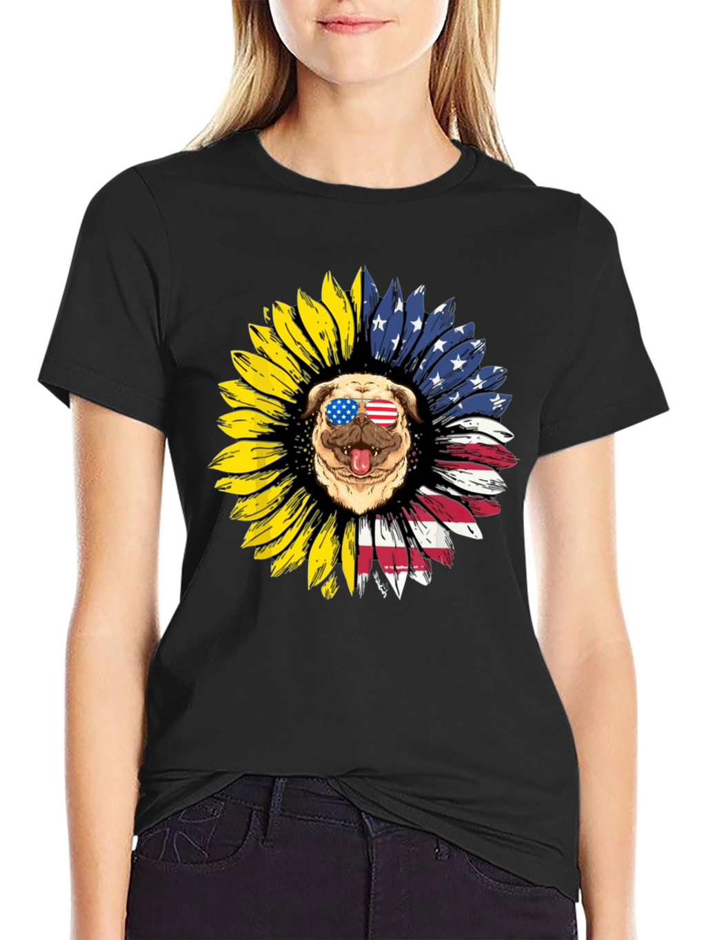 Patriotic Pug Sunflower Graphic Tee