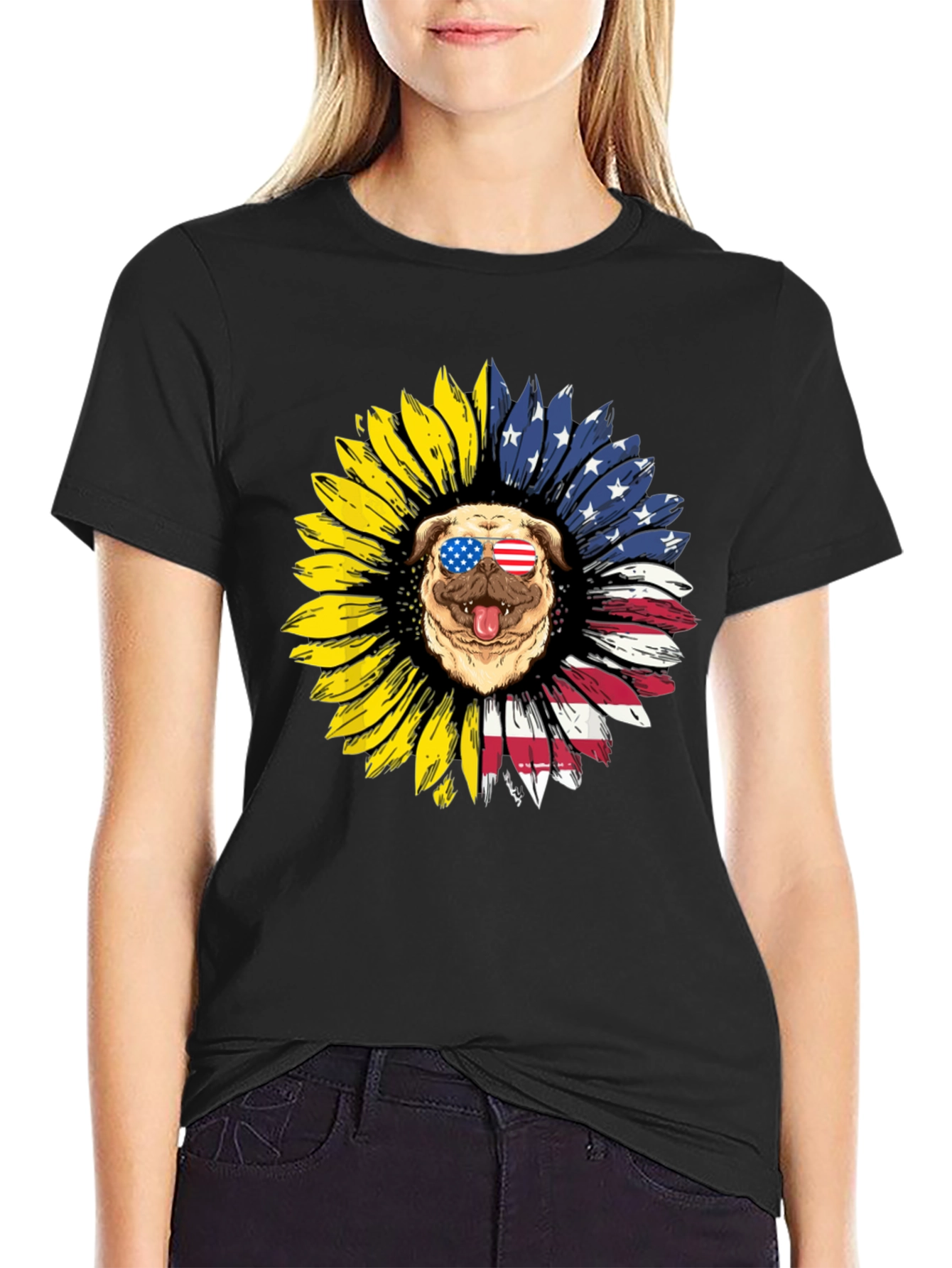 Patriotic Pug Sunflower Graphic Tee