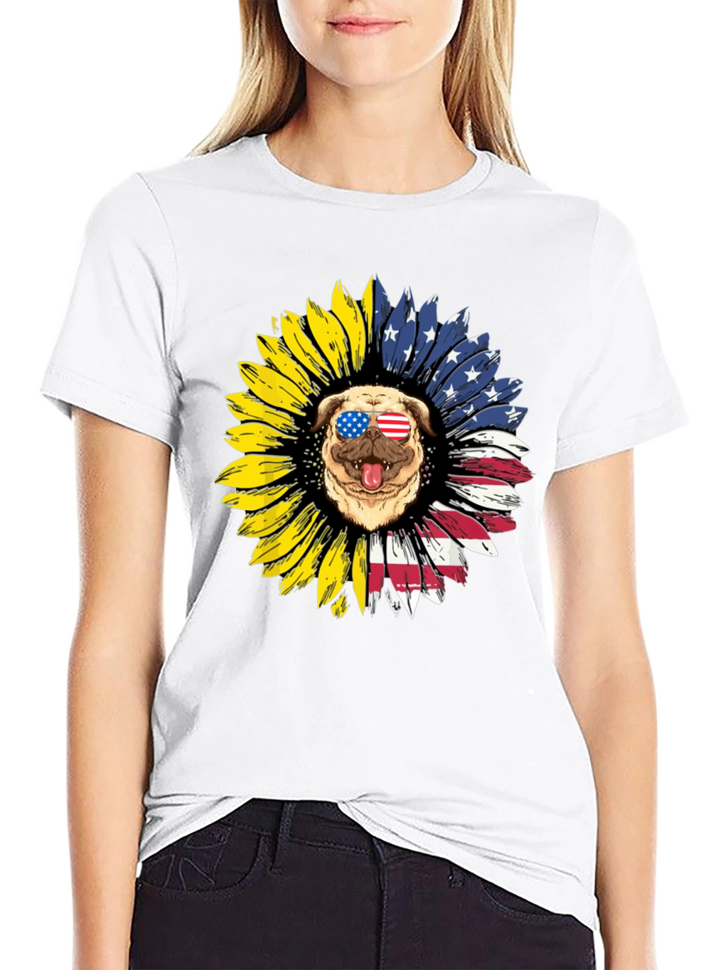 Patriotic Pug Sunflower Graphic Tee
