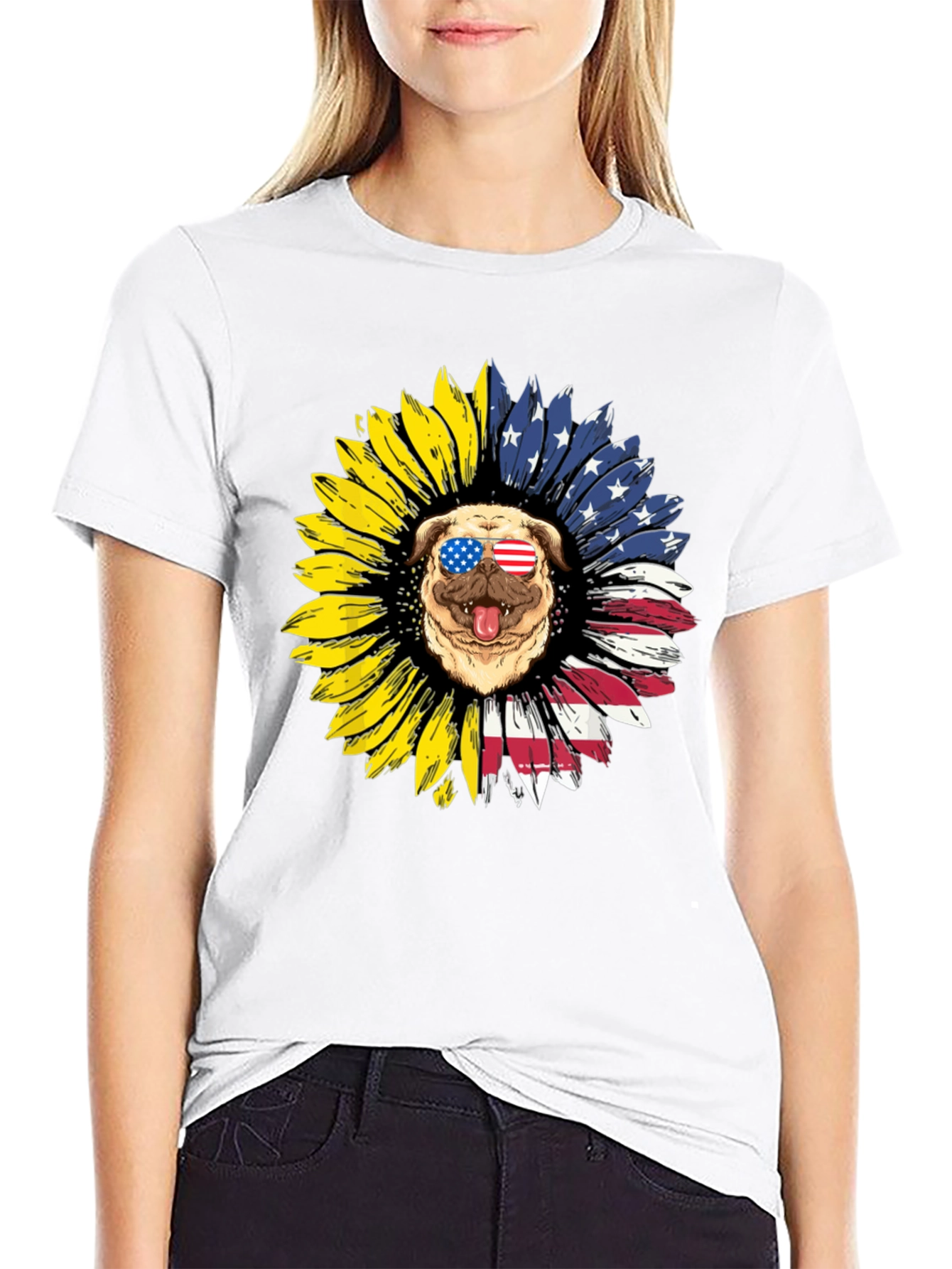 Patriotic Pug Sunflower Graphic Tee