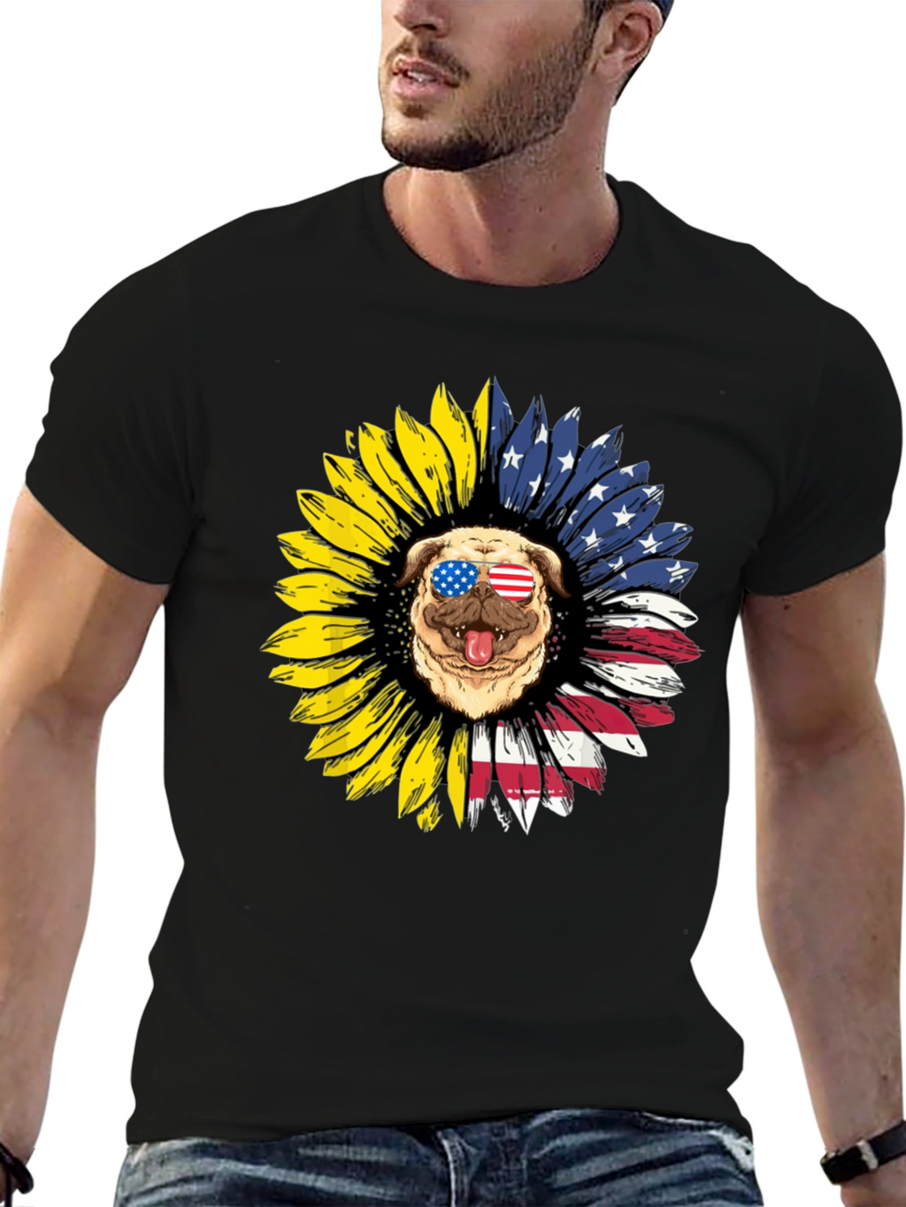 Patriotic Pug Sunflower Graphic Tee