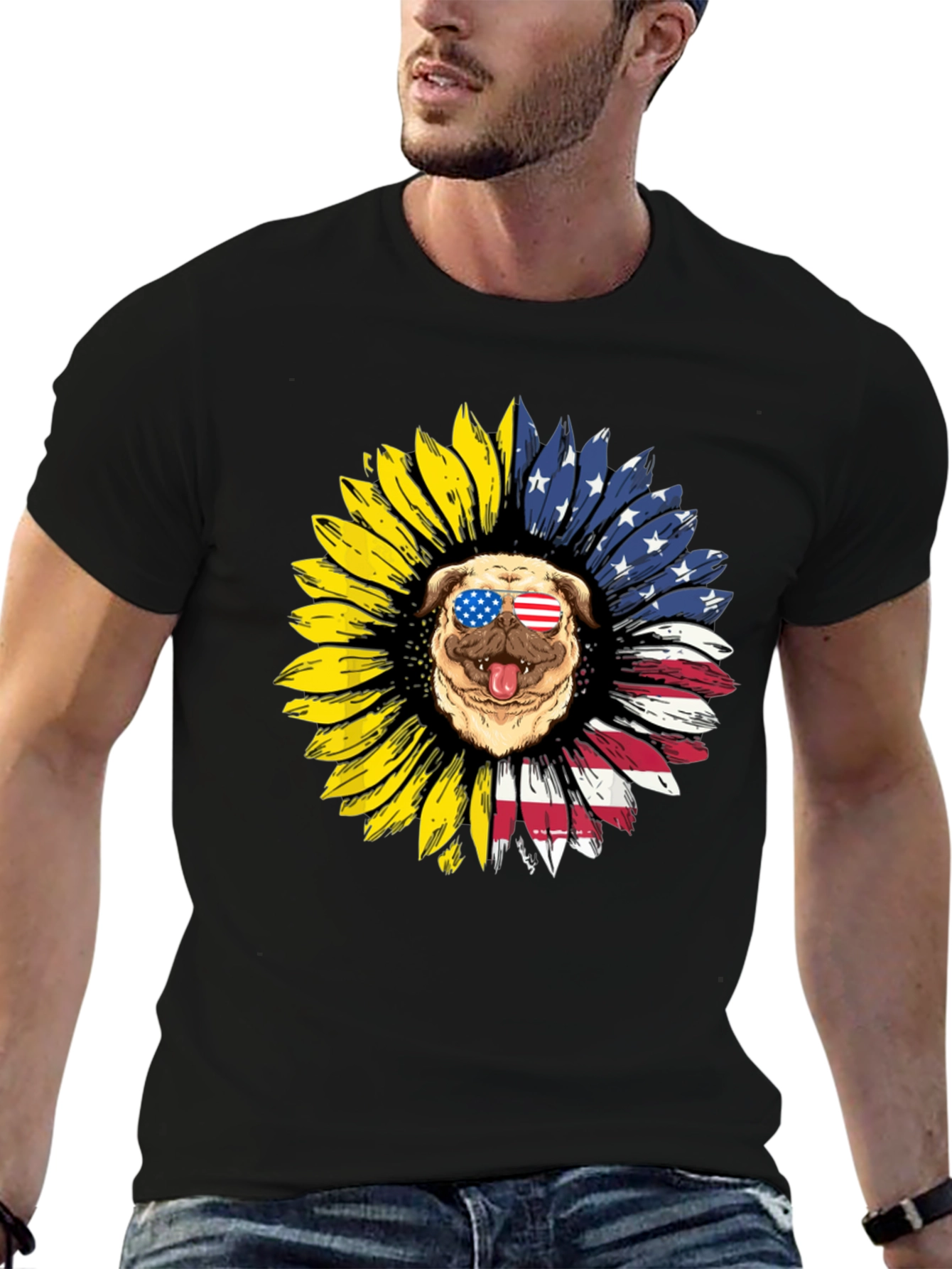 Patriotic Pug Sunflower Graphic Tee