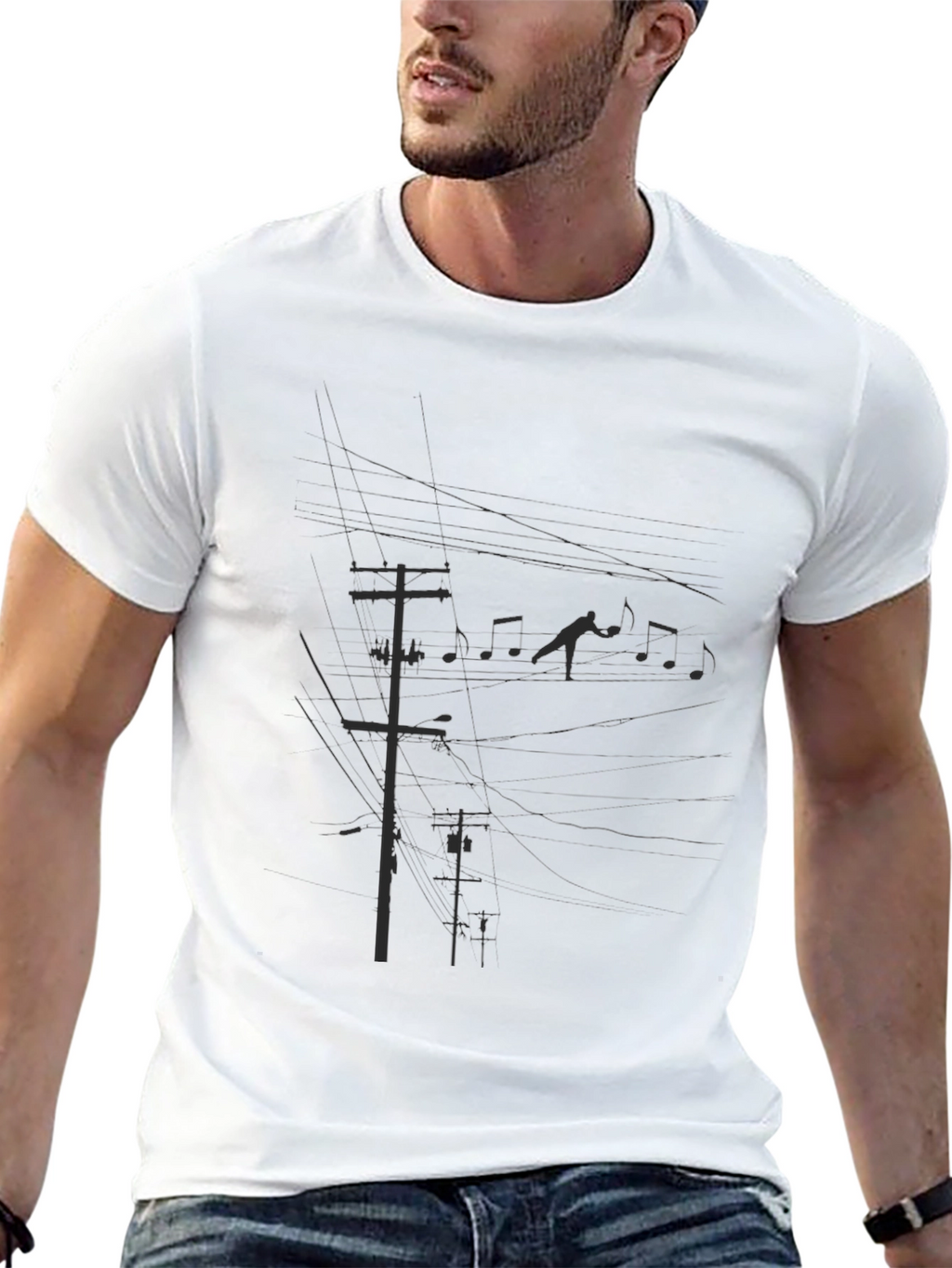 Black Graphic Tee - Power Lines and Music