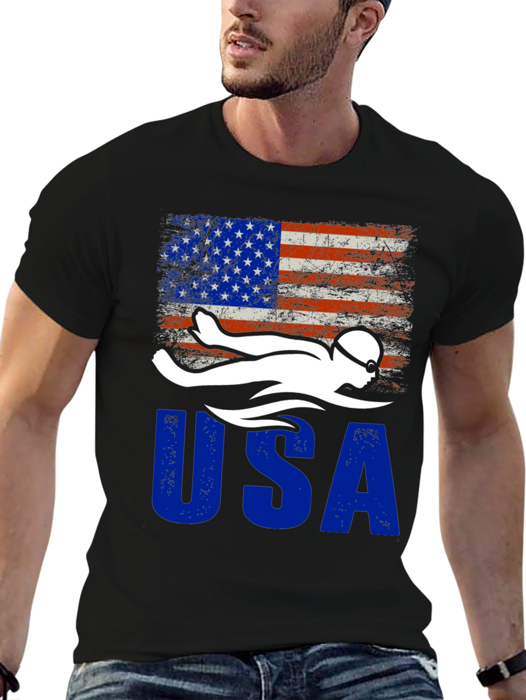 USA Swimmer Patriotic Flag Graphic T-Shirt