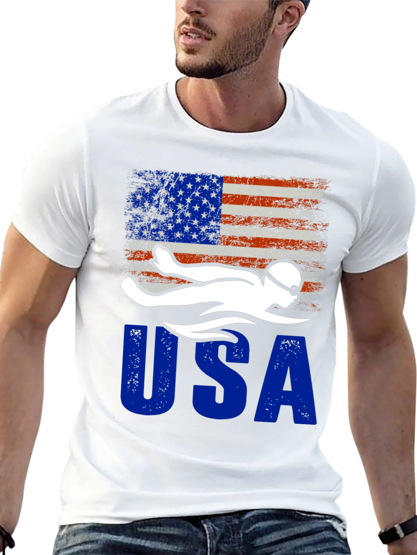 USA Swimmer Patriotic Flag Graphic T-Shirt