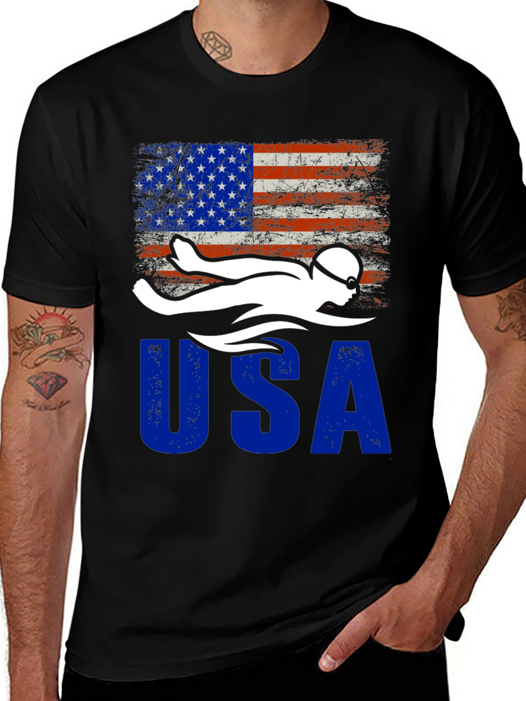 USA Swimmer Patriotic Flag Graphic T-Shirt