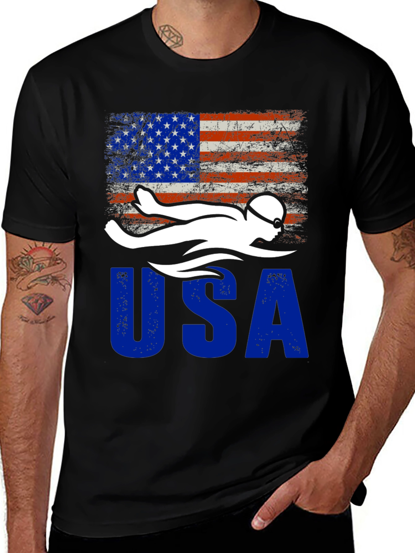 USA Swimmer Patriotic Flag Graphic T-Shirt