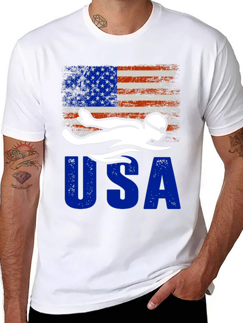 USA Swimmer Patriotic Flag Graphic T-Shirt