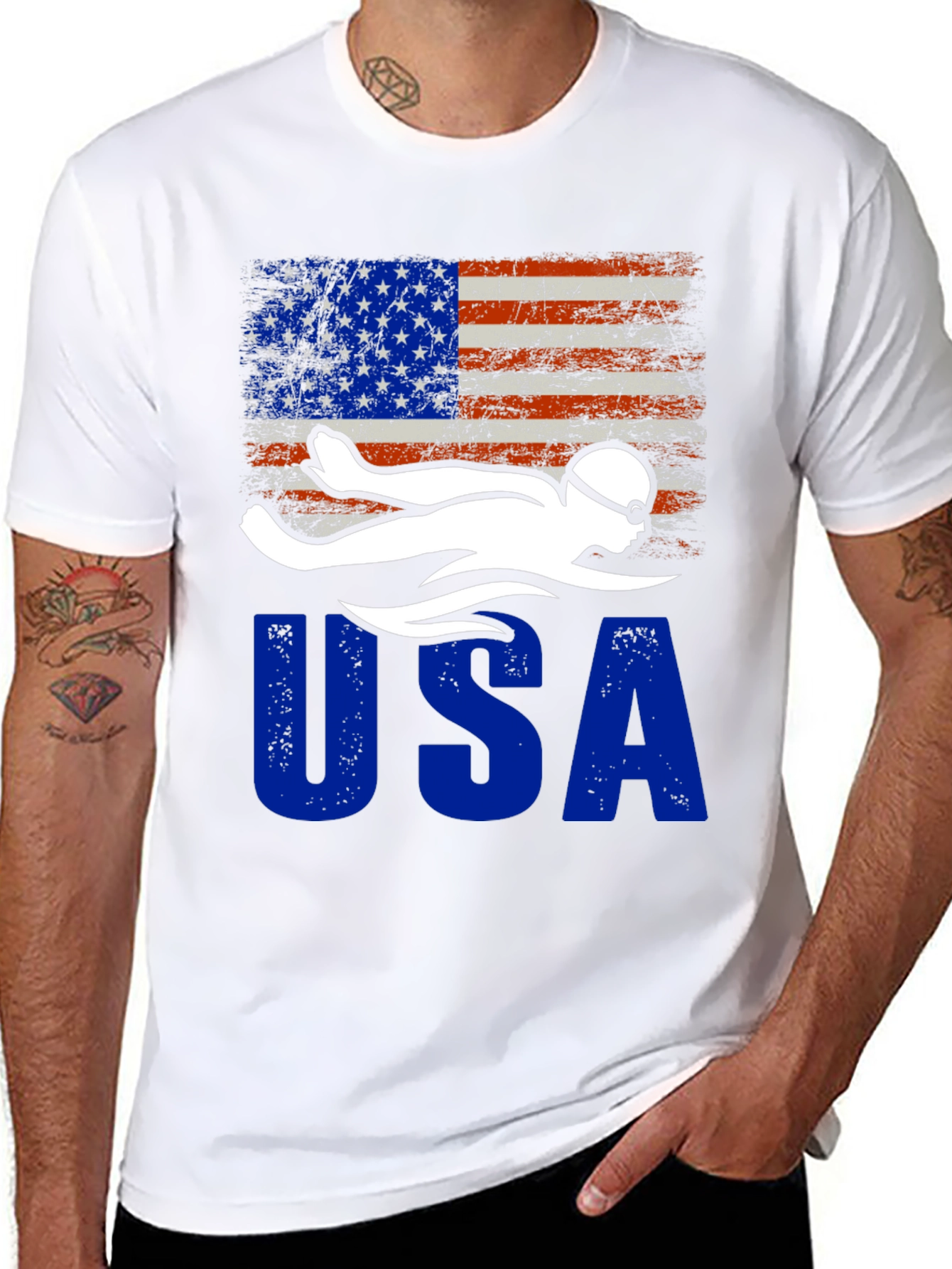 USA Swimmer Patriotic Flag Graphic T-Shirt
