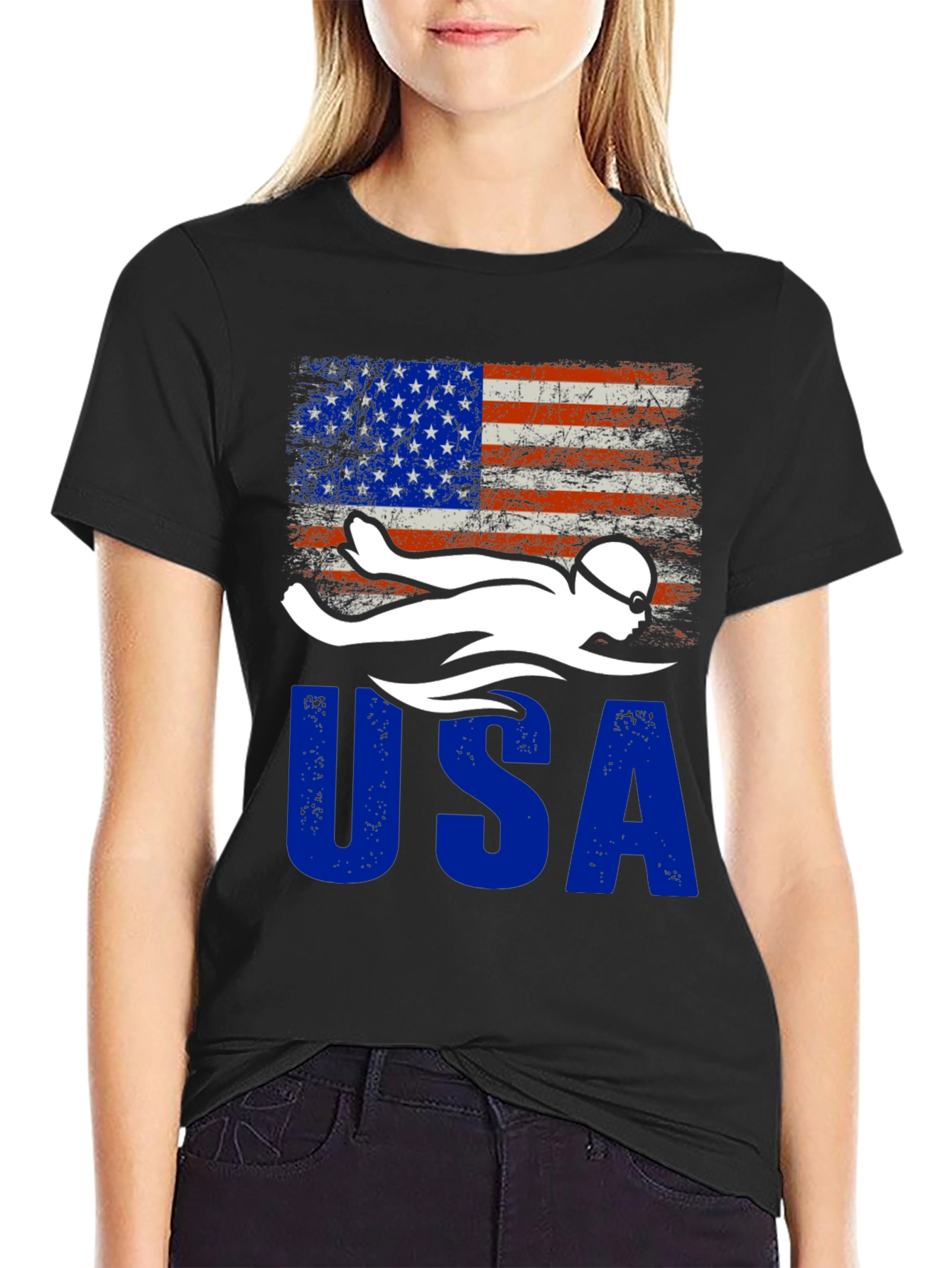 USA Swimmer Patriotic Flag Graphic T-Shirt