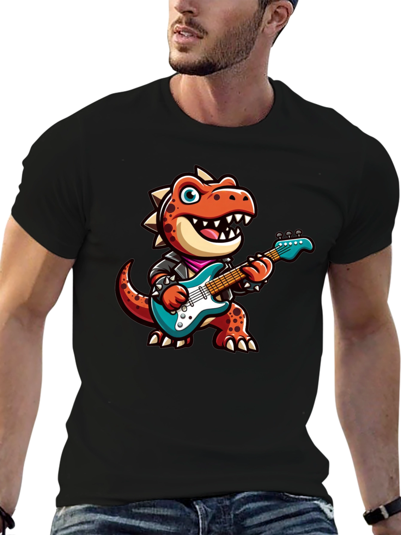 Dino Rocker T-Shirt: Cartoon Dinosaur Guitarist Tee